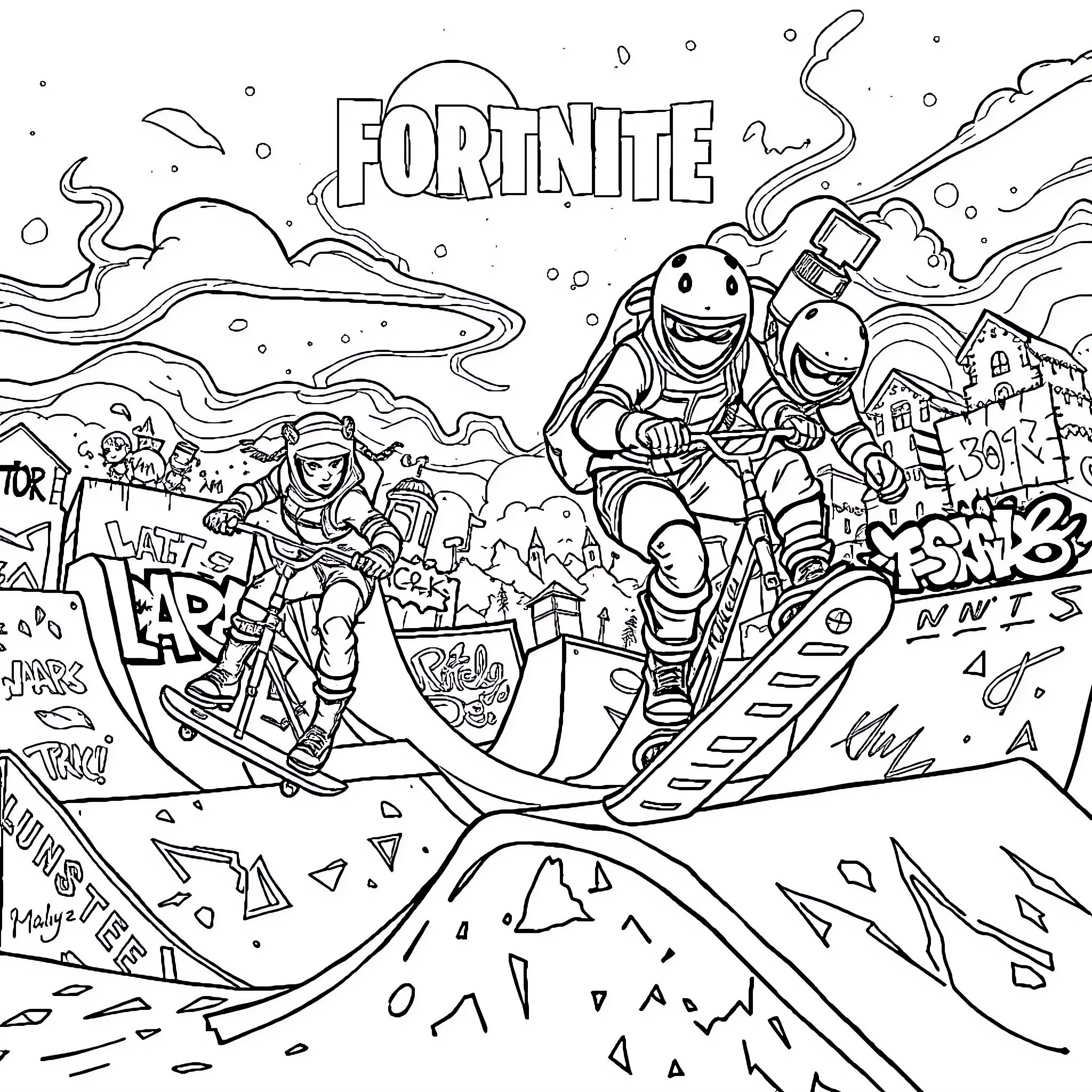 Fortnite characters in an action-packed landscape Coloring Page (free black-and-white line drawing printable PDF for all, from beginners to advanced learners, including children, teens, adults, and seniors)