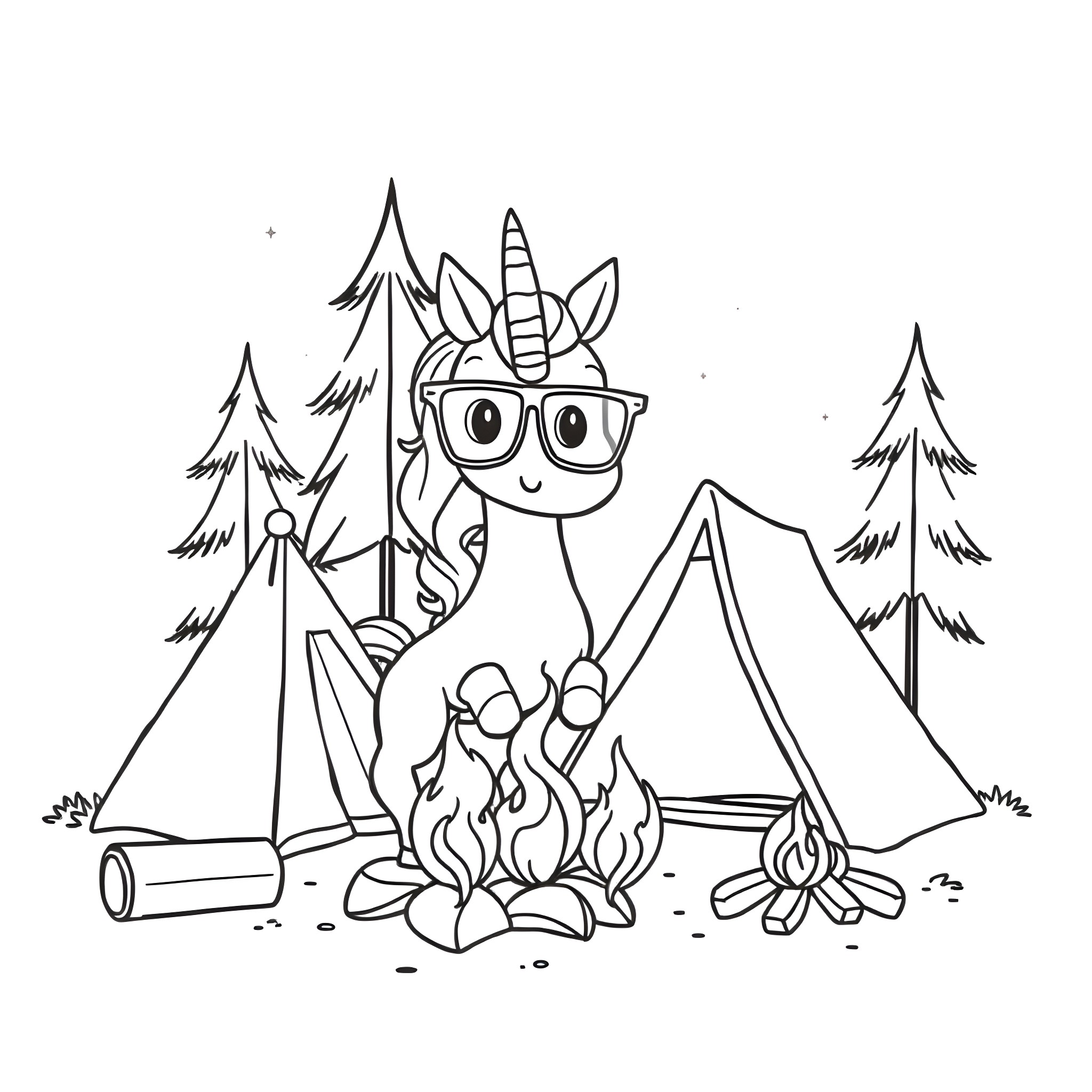 Unicorn enjoying camping in the forest Coloring Page (free black-and-white line drawing printable PDF for all, from beginners to advanced learners, including children, teens, adults, and seniors)