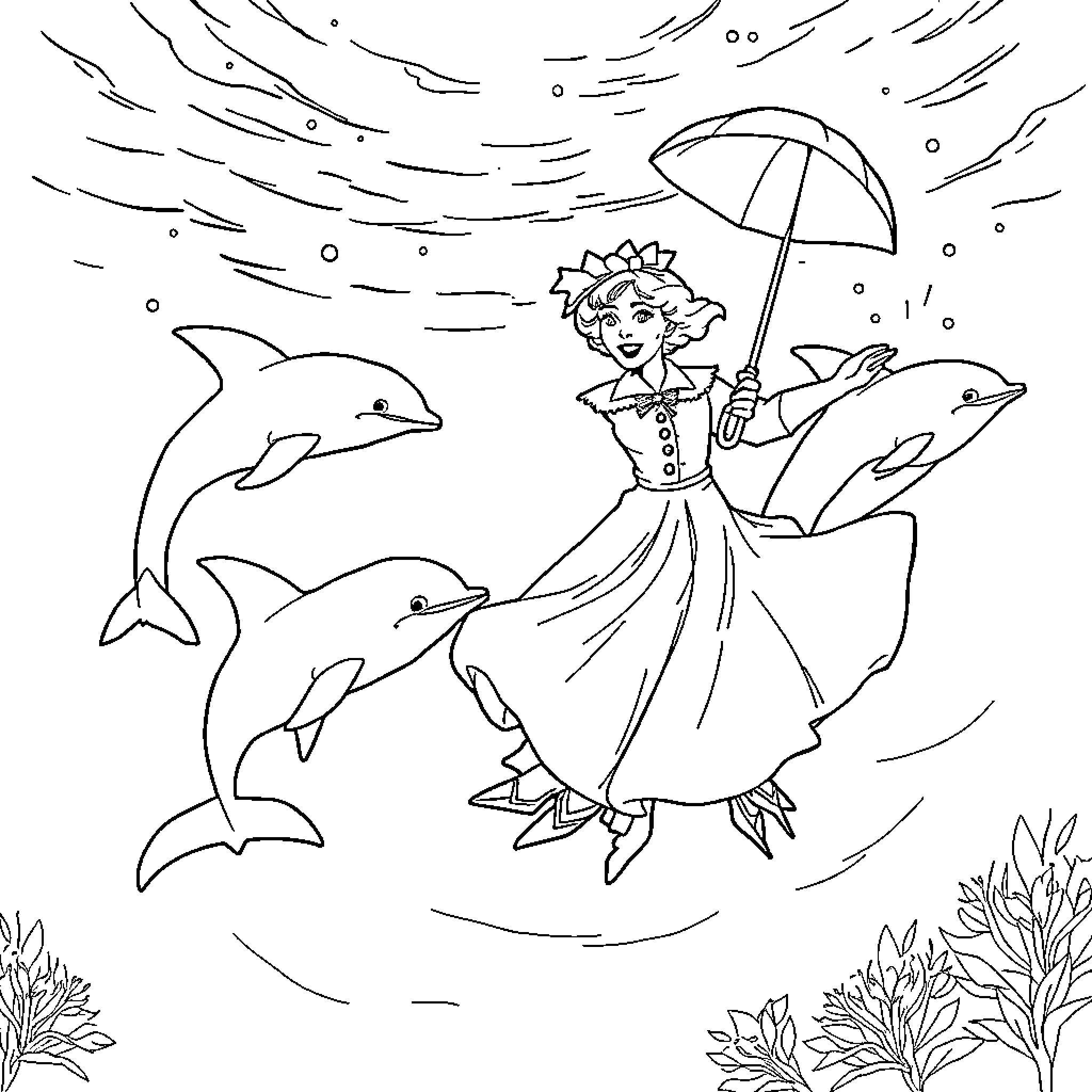 Mary Poppins dancing with dolphins in a whimsical underwater scene Coloring Page (free black-and-white line drawing printable PDF for all, from beginners to advanced learners, including children, teens, adults, and seniors)