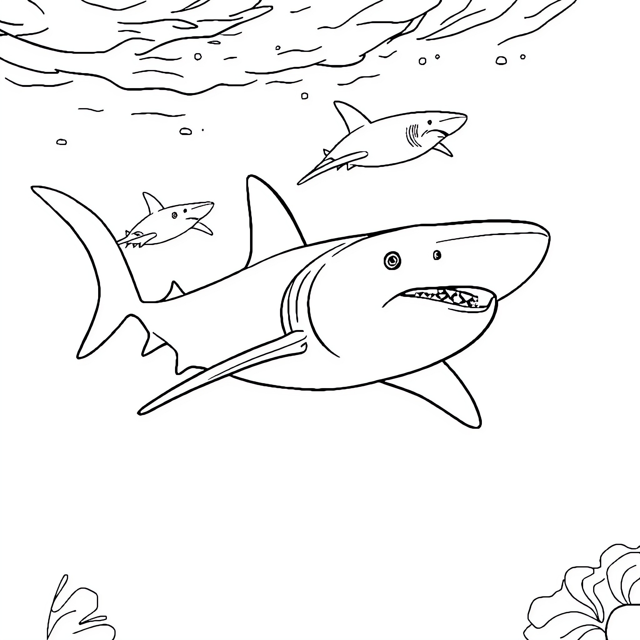 Shark hunting with others in underwater scene Coloring Page (free black-and-white line drawing printable PDF for all, from beginners to advanced learners, including children, teens, adults, and seniors)