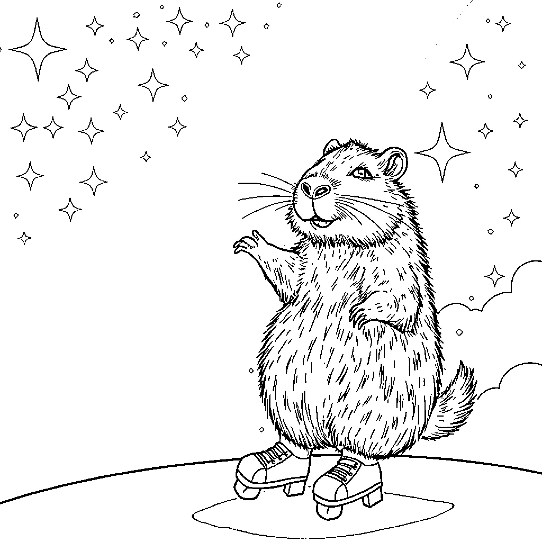 Capybara in Starry Wonderland Coloring Page (free black-and-white line drawing printable PDF for all, from beginners to advanced learners, including children, teens, adults, and seniors)