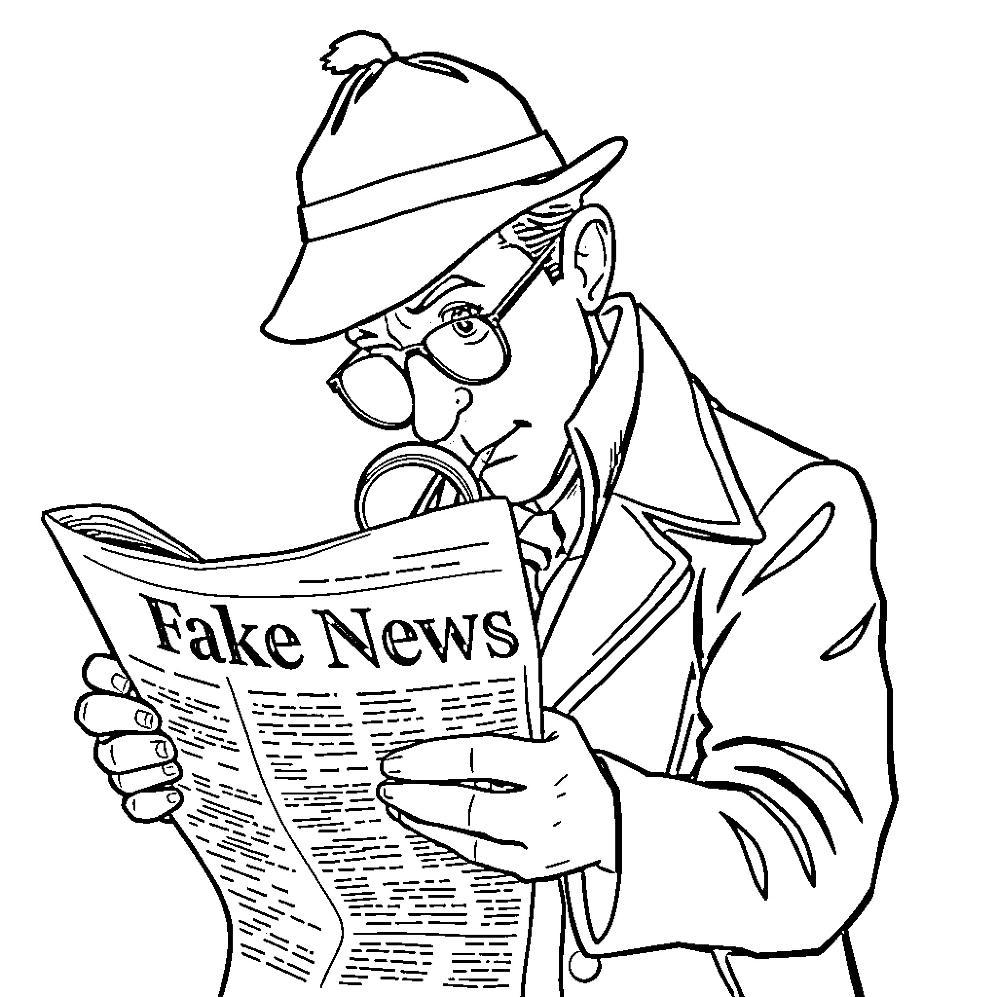 Sherlock Holmes Investigating Fake News Coloring Page (free black-and-white line drawing printable PDF for all, from beginners to advanced learners, including children, teens, adults, and seniors)