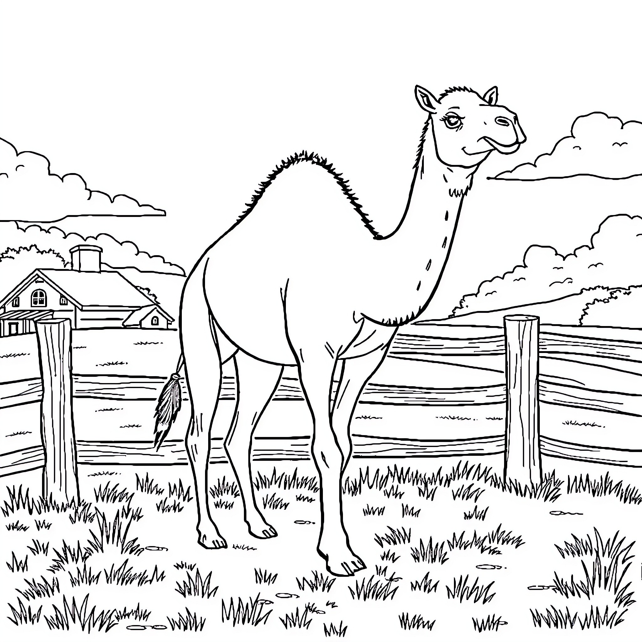 Camel standing in a rural landscape Coloring Page (free black-and-white line drawing printable PDF for all, from beginners to advanced learners, including children, teens, adults, and seniors)