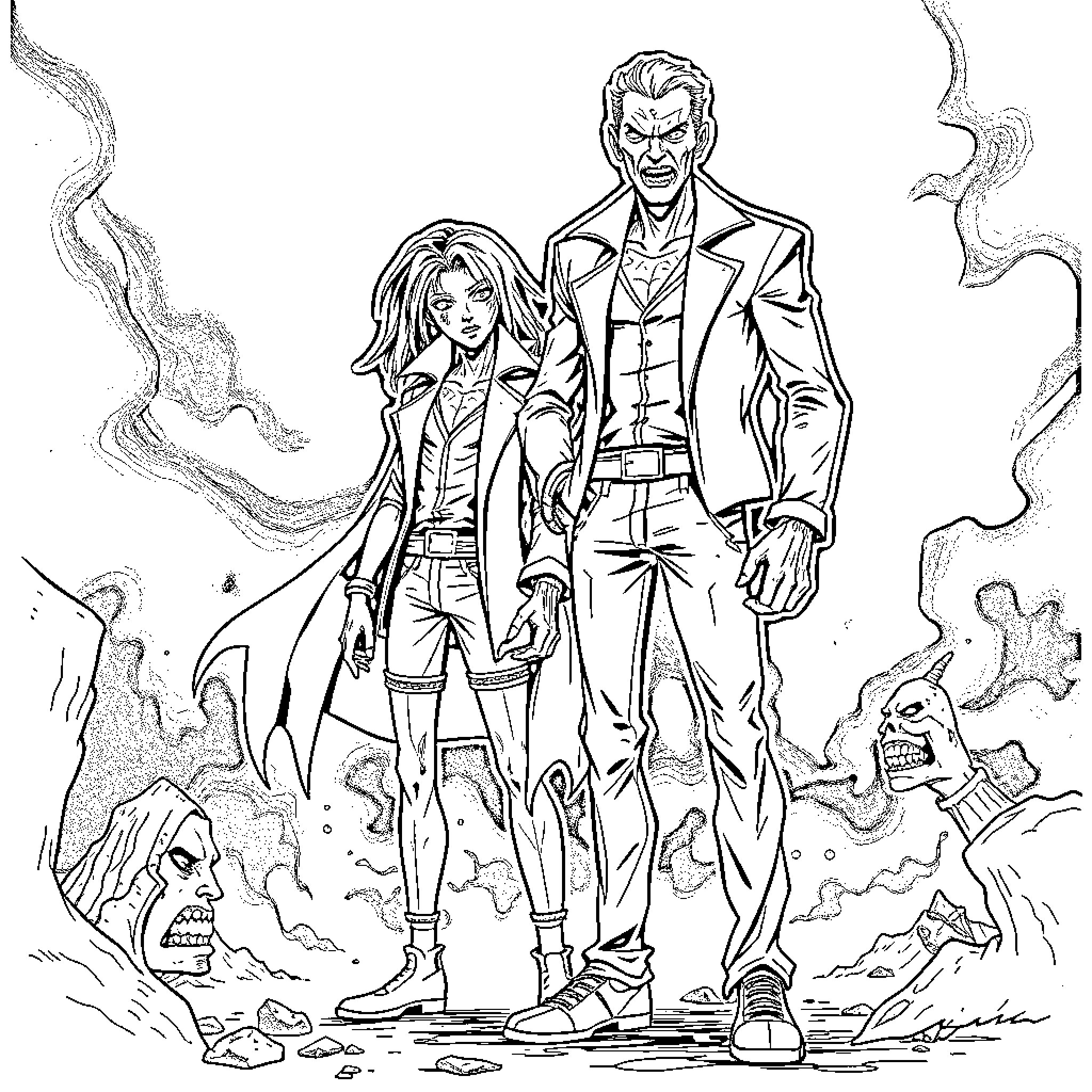 Victor and the Mysterious Companions Confront the Unknown Coloring Page (free black-and-white line drawing printable PDF for all, from beginners to advanced learners, including children, teens, adults, and seniors)