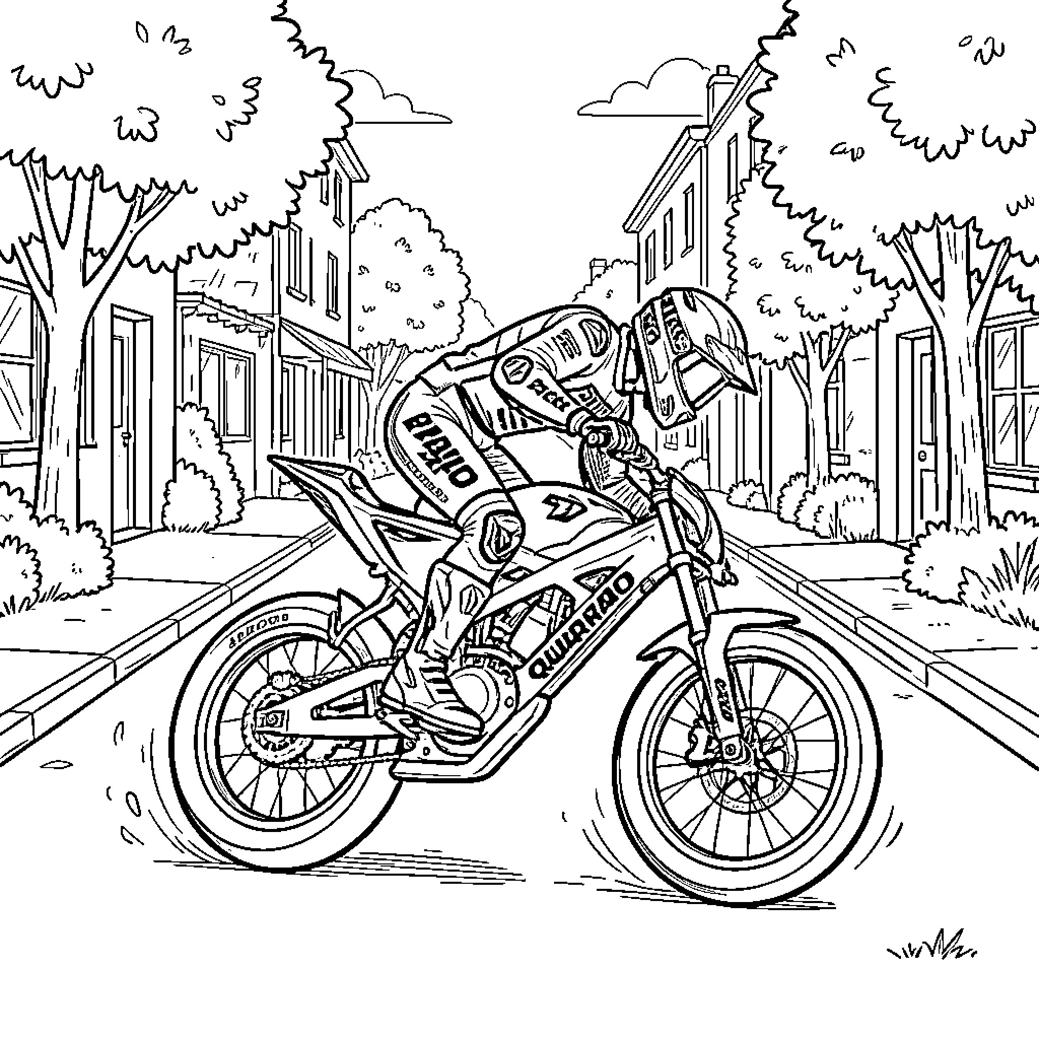 Fabio Quartararo riding a motorcycle through a residential street Coloring Page (free black-and-white line drawing printable PDF for all, from beginners to advanced learners, including children, teens, adults, and seniors)