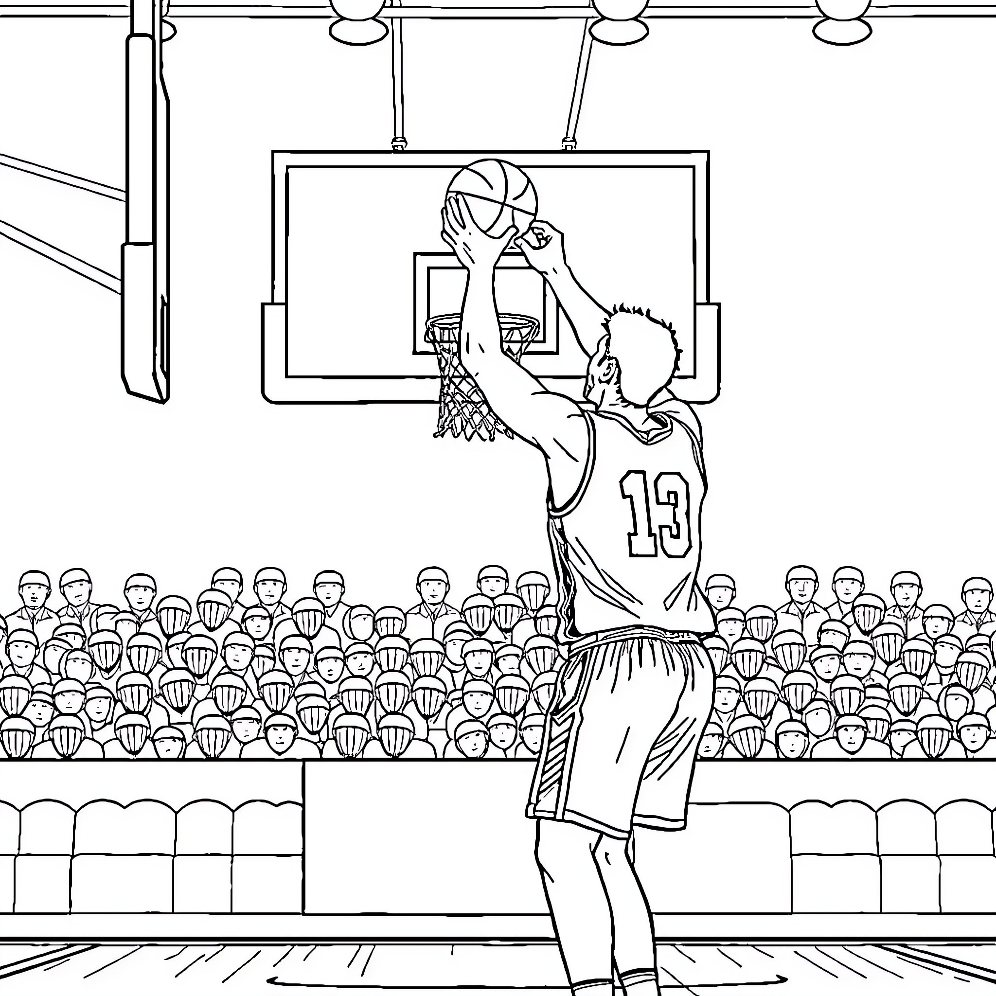 Jalen Brunson's Impressive Basketball Slam Dunk Performance Coloring Page (free black-and-white line drawing printable PDF for all, from beginners to advanced learners, including children, teens, adults, and seniors)