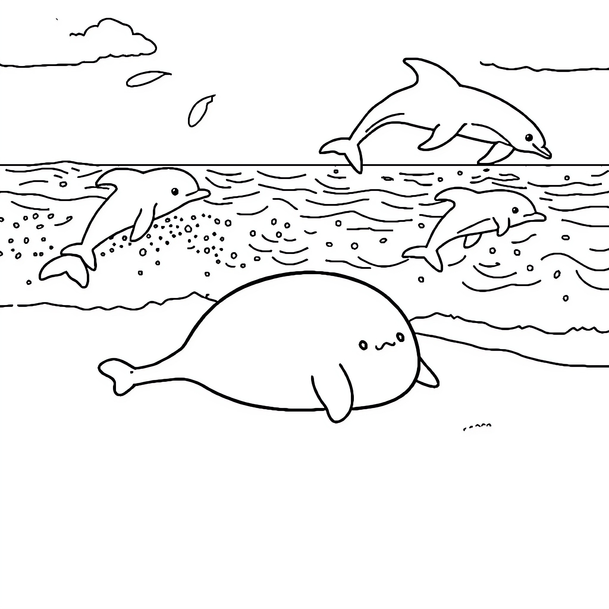 Gudetama relaxing in the ocean with dolphins Coloring Page (free black-and-white line drawing printable PDF for all, from beginners to advanced learners, including children, teens, adults, and seniors)