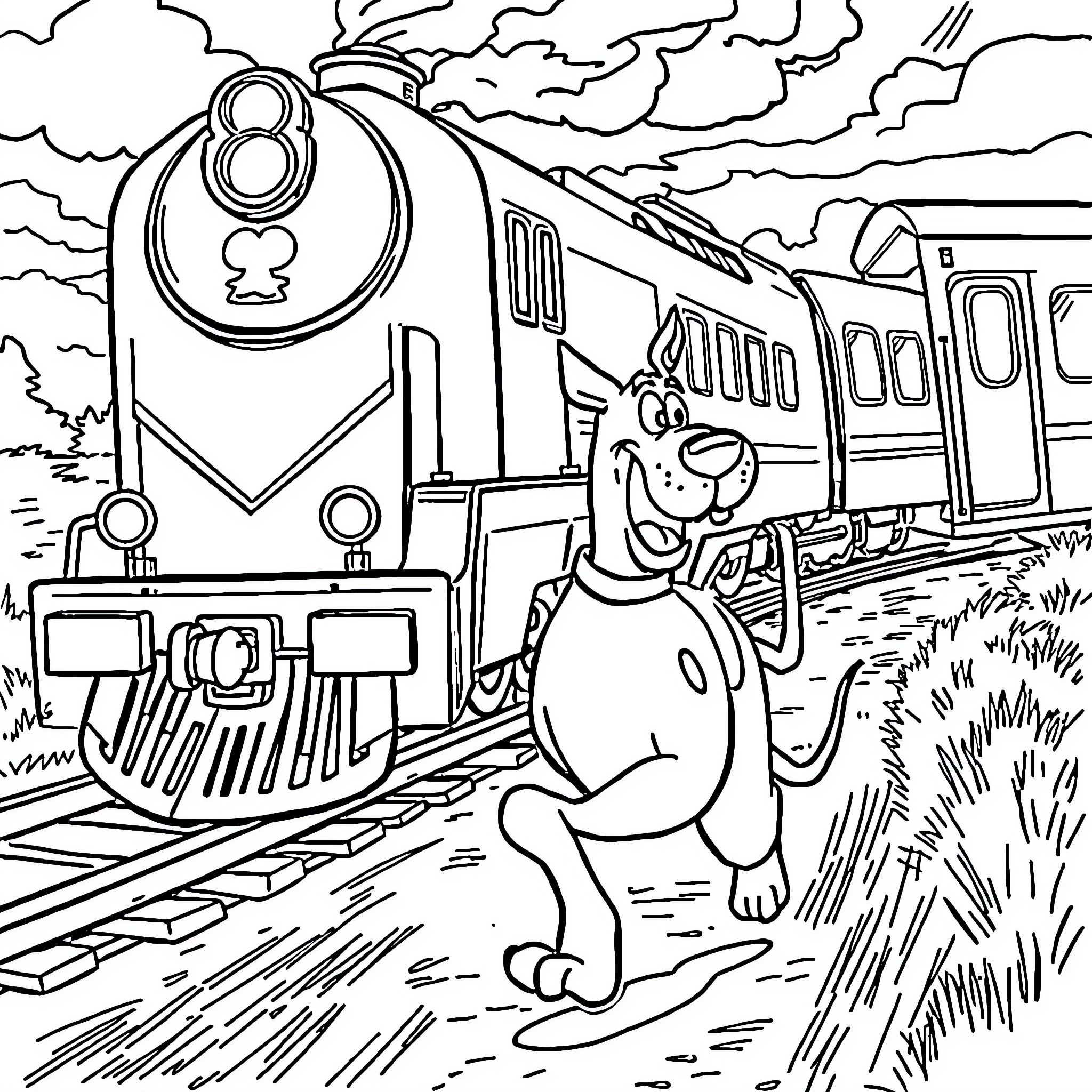 Scooby Doo and the Mystery Train Adventure Coloring Page (free black-and-white line drawing printable PDF for all, from beginners to advanced learners, including children, teens, adults, and seniors)