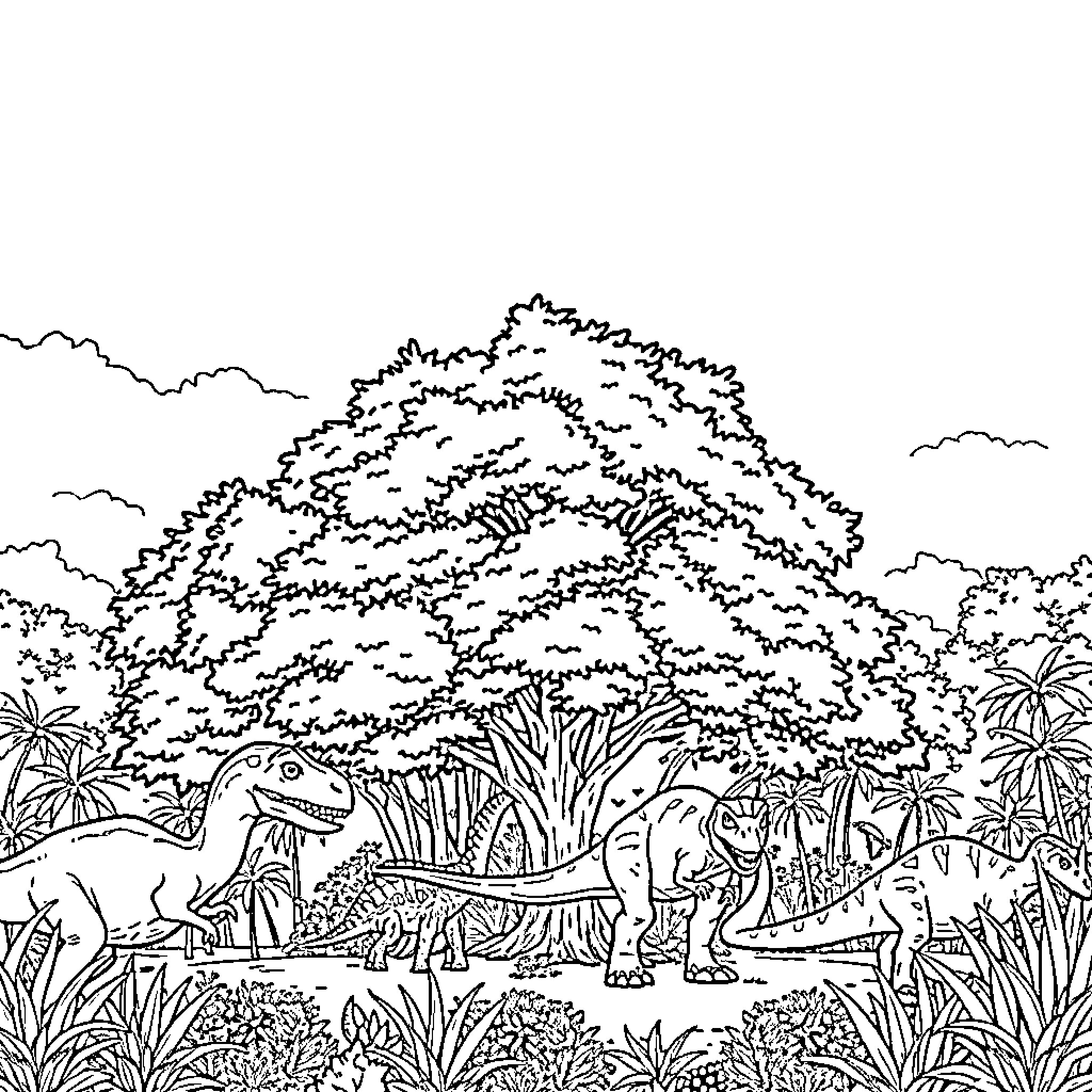 Dinosaurs exploring lush prehistoric landscape Coloring Page (free black-and-white line drawing printable PDF for all, from beginners to advanced learners, including children, teens, adults, and seniors)