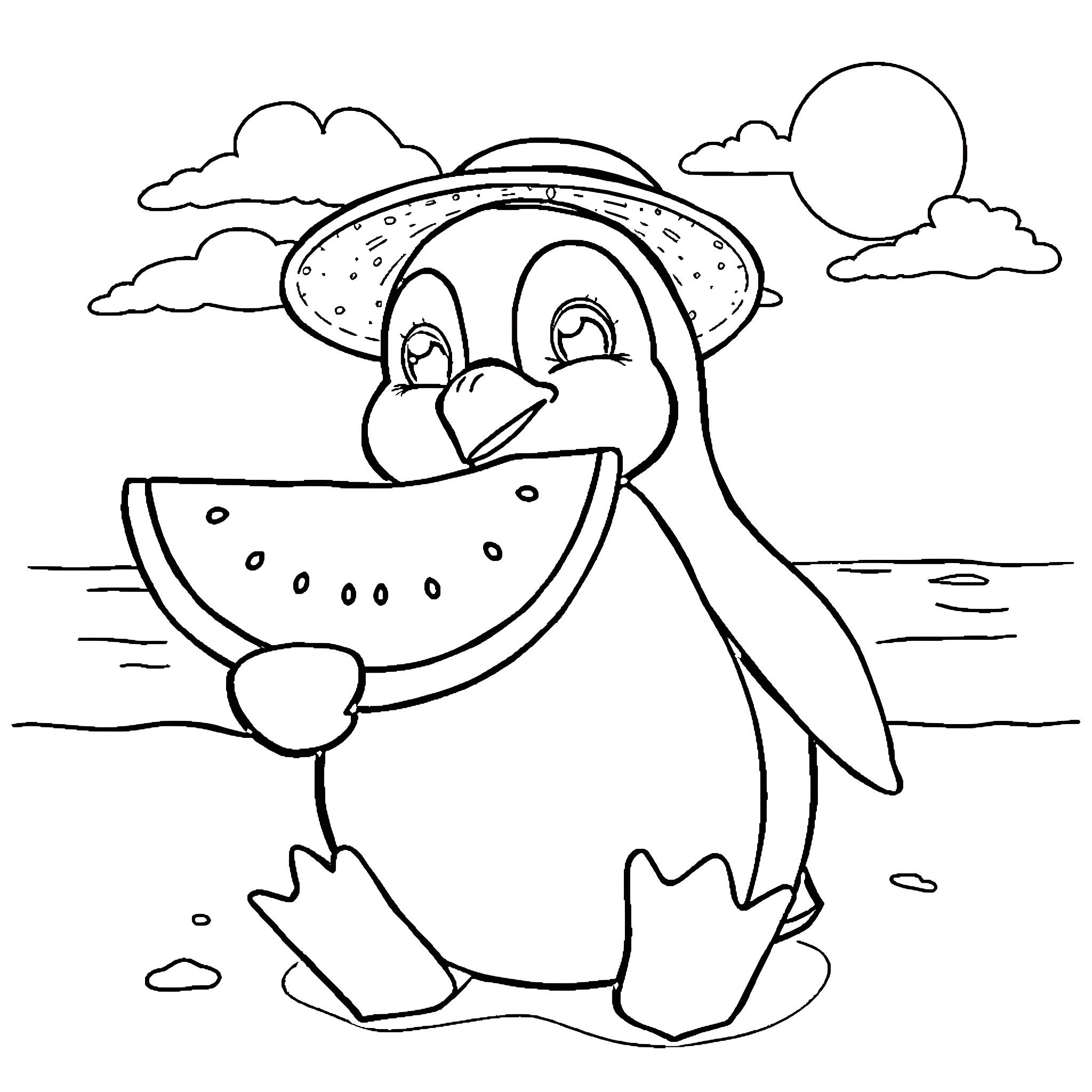Penguin enjoying watermelon on the beach Coloring Page (free black-and-white line drawing printable PDF for all, from beginners to advanced learners, including children, teens, adults, and seniors)
