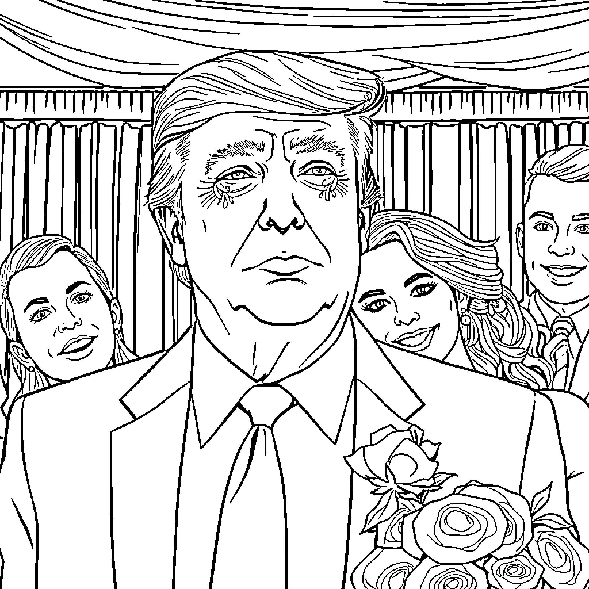 Trump posing with supporters in formal attire Coloring Page (free black-and-white line drawing printable PDF for all, from beginners to advanced learners, including children, teens, adults, and seniors)