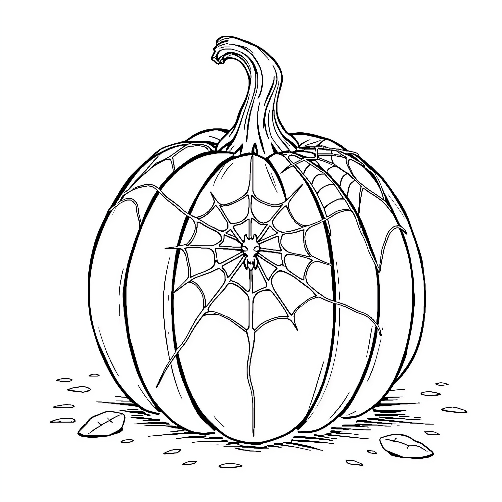 Spider-Web Pumpkin on the Ground Coloring Page (free black-and-white line drawing printable PDF for all, from beginners to advanced learners, including children, teens, adults, and seniors)