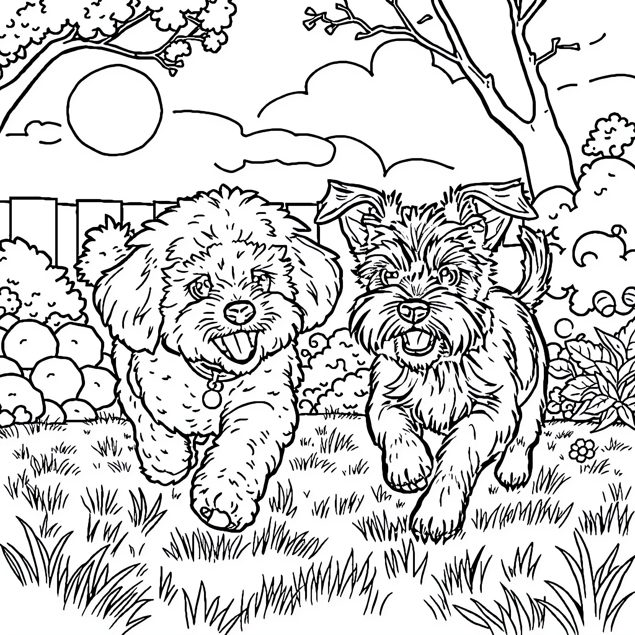 Poodle Companions in the Countryside Coloring Page (free black-and-white line drawing printable PDF for all, from beginners to advanced learners, including children, teens, adults, and seniors)
