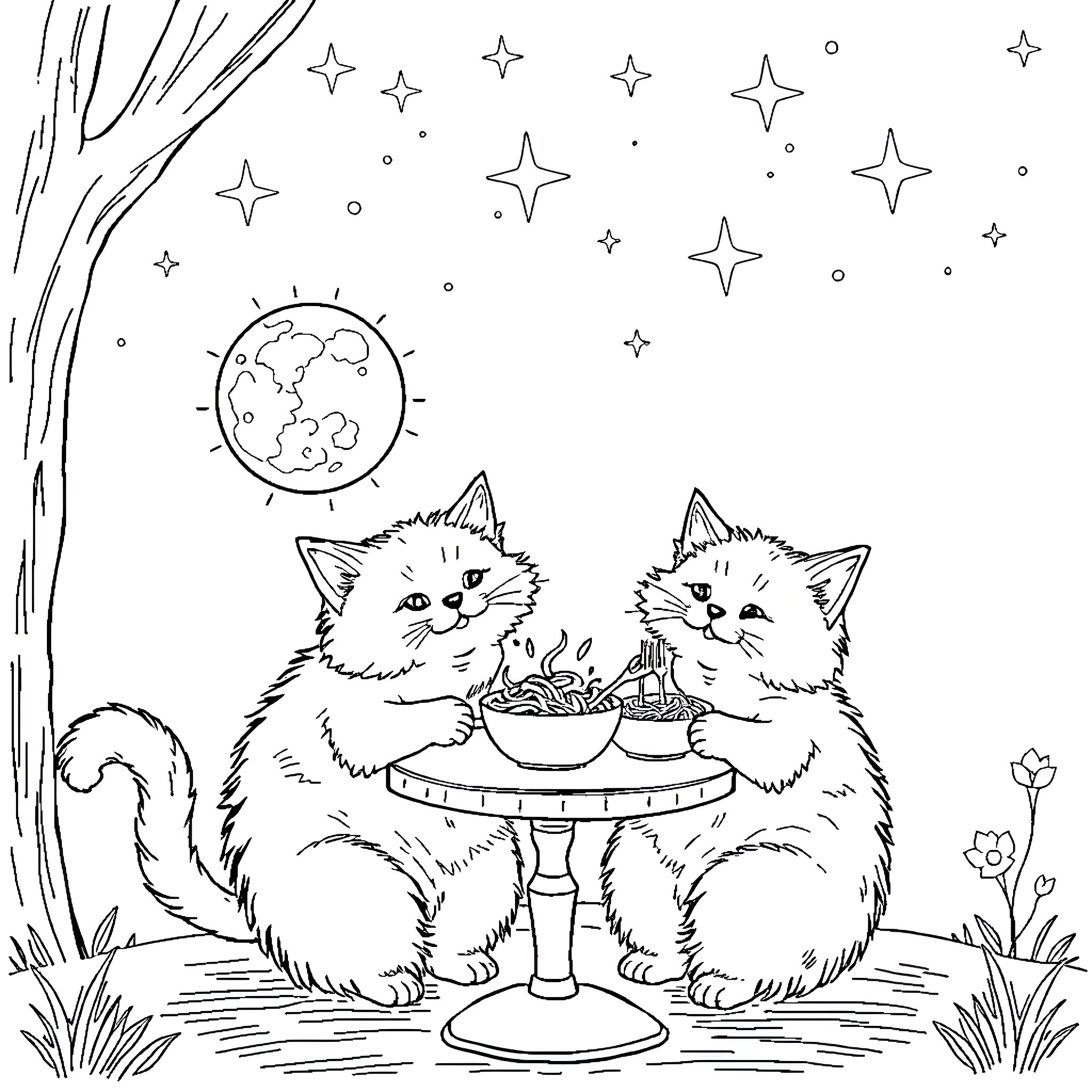 Cats Sharing a Moonlit Meal Coloring Page (free black-and-white line drawing printable PDF for all, from beginners to advanced learners, including children, teens, adults, and seniors)