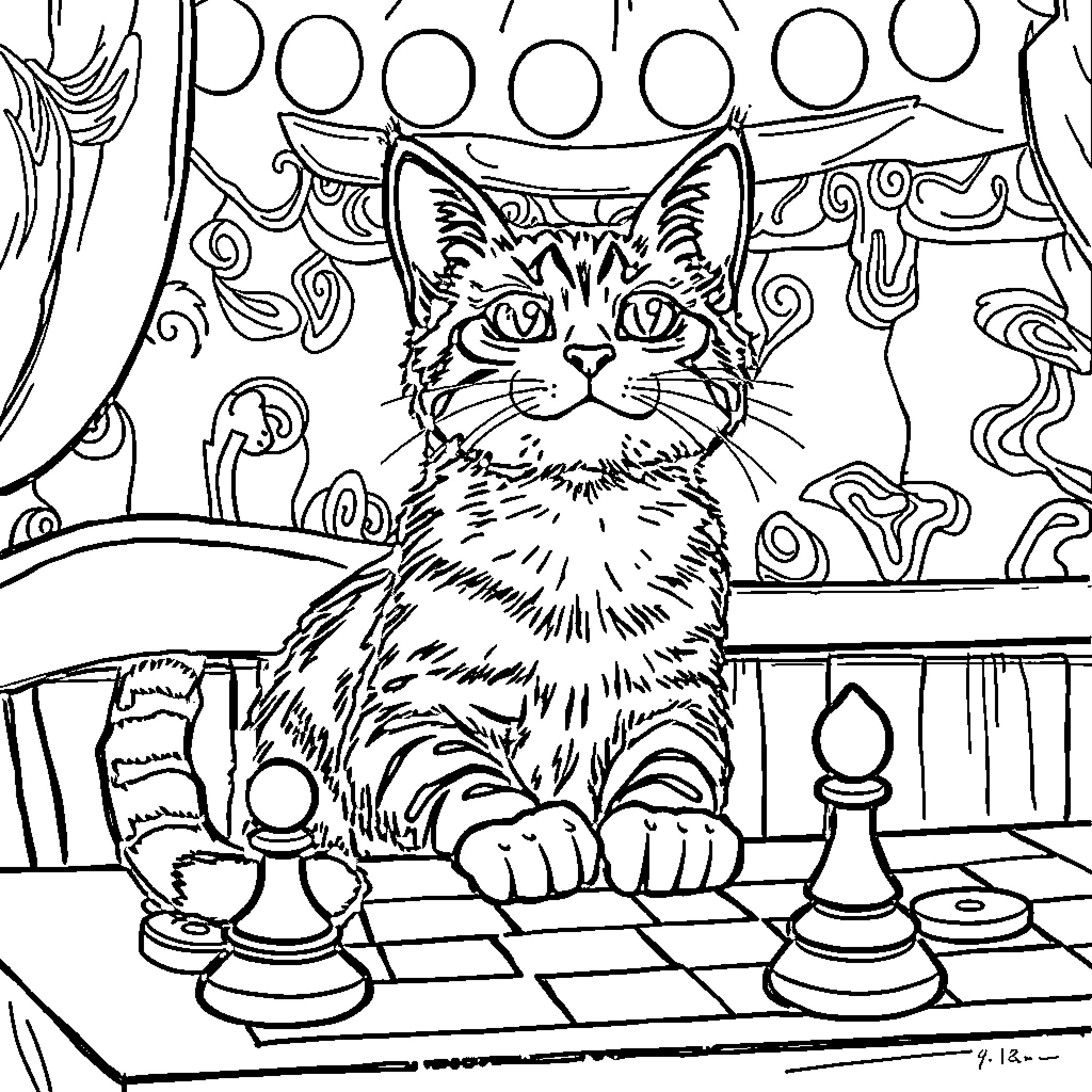 Cat playing chess in a whimsical scene Coloring Page (free black-and-white line drawing printable PDF for all, from beginners to advanced learners, including children, teens, adults, and seniors)