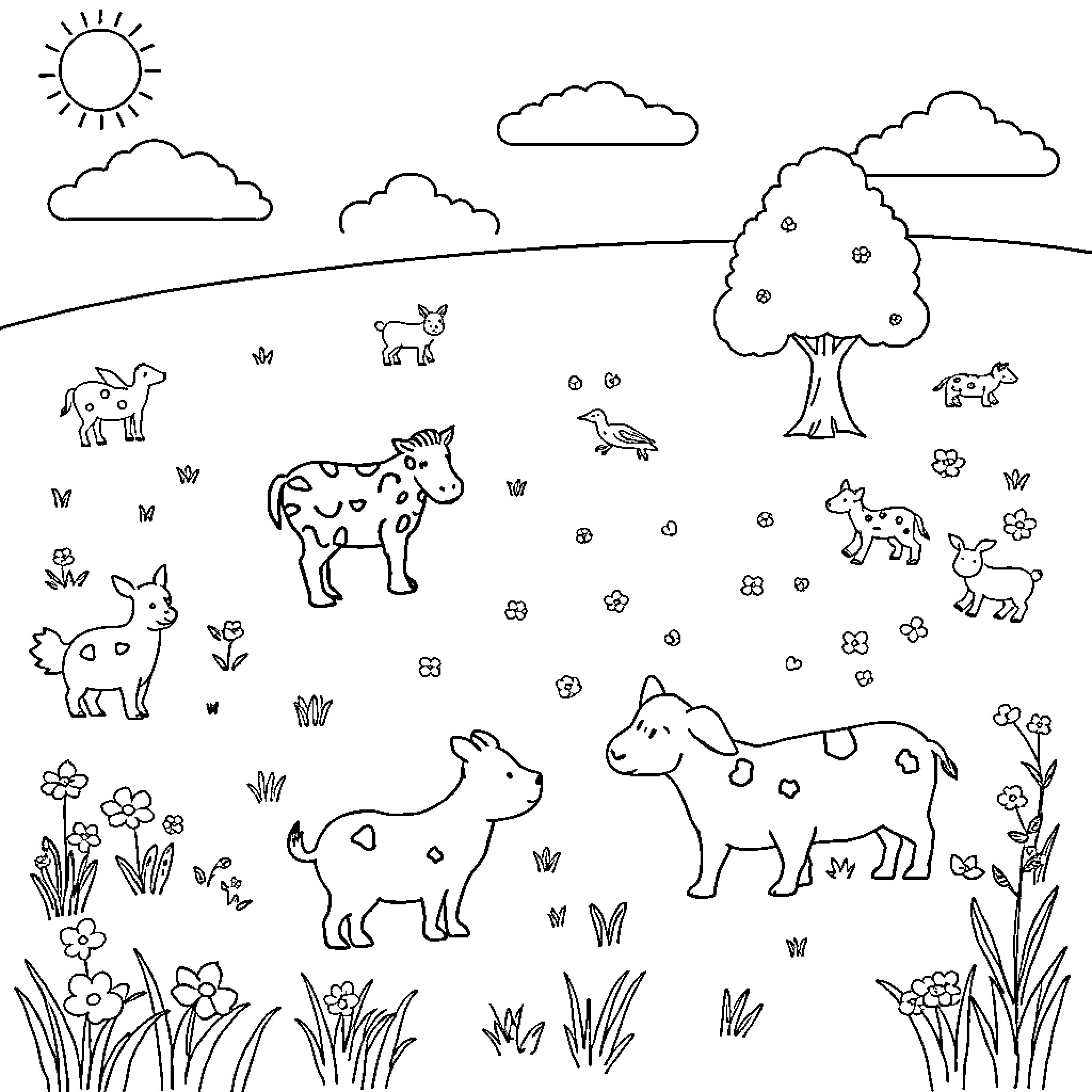 Animal friends playing in the meadow Coloring Page (free black-and-white line drawing printable PDF for all, from beginners to advanced learners, including children, teens, adults, and seniors)