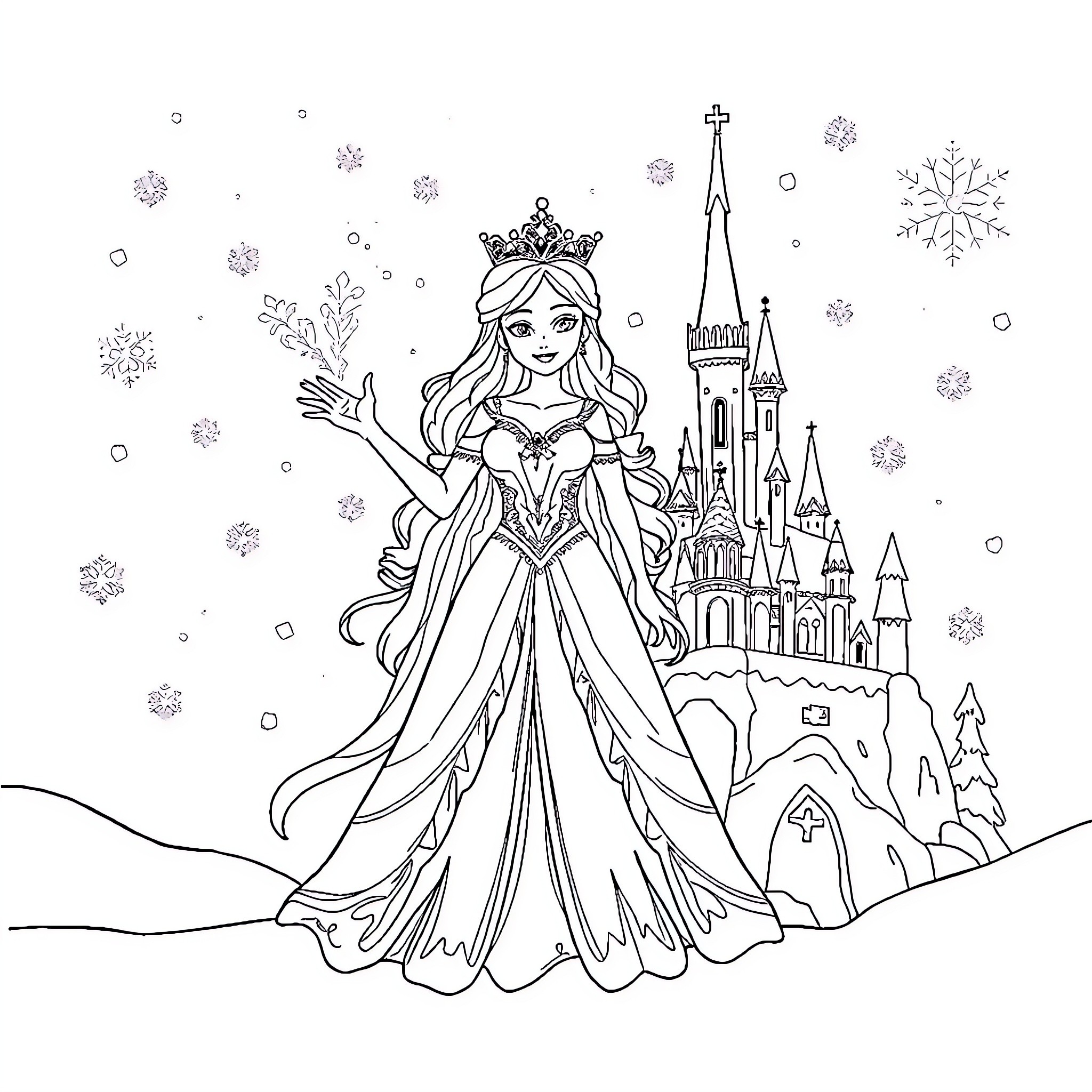 Snow Queen in Elegant Gown by Magical Castle Coloring Page (free black-and-white line drawing printable PDF for all, from beginners to advanced learners, including children, teens, adults, and seniors)