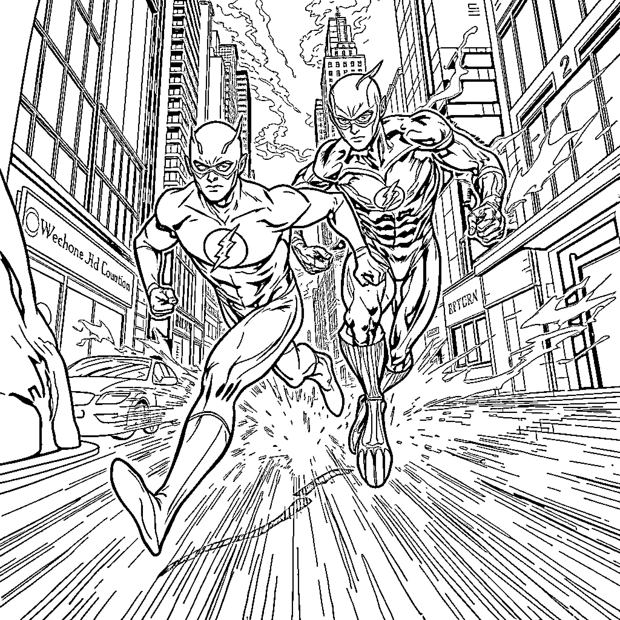 Flash Heroes Rushing Through City Streets Coloring Page (free black-and-white line drawing printable PDF for all, from beginners to advanced learners, including children, teens, adults, and seniors)