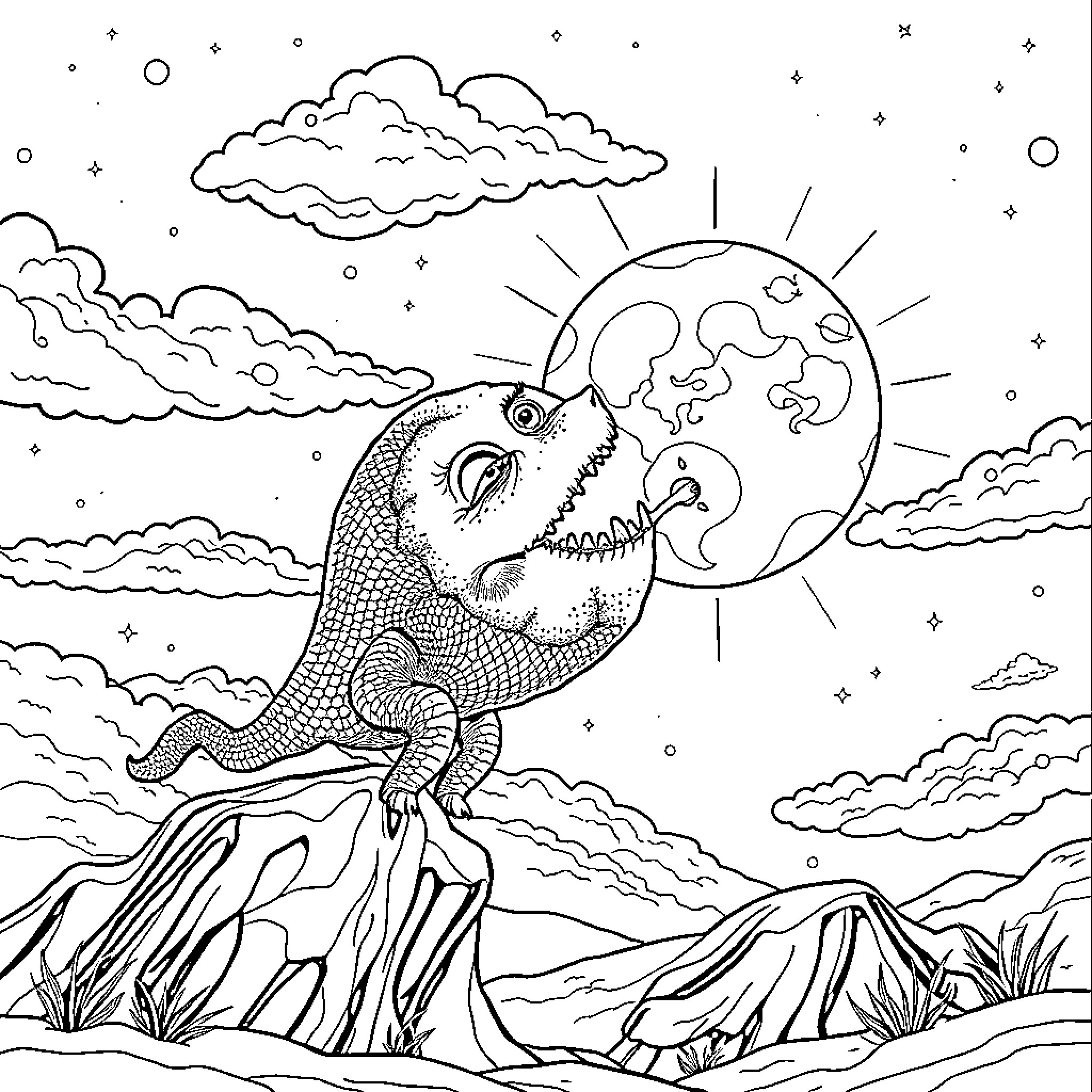 Moon Monster howling under the starry night sky Coloring Page (free black-and-white line drawing printable PDF for all, from beginners to advanced learners, including children, teens, adults, and seniors)