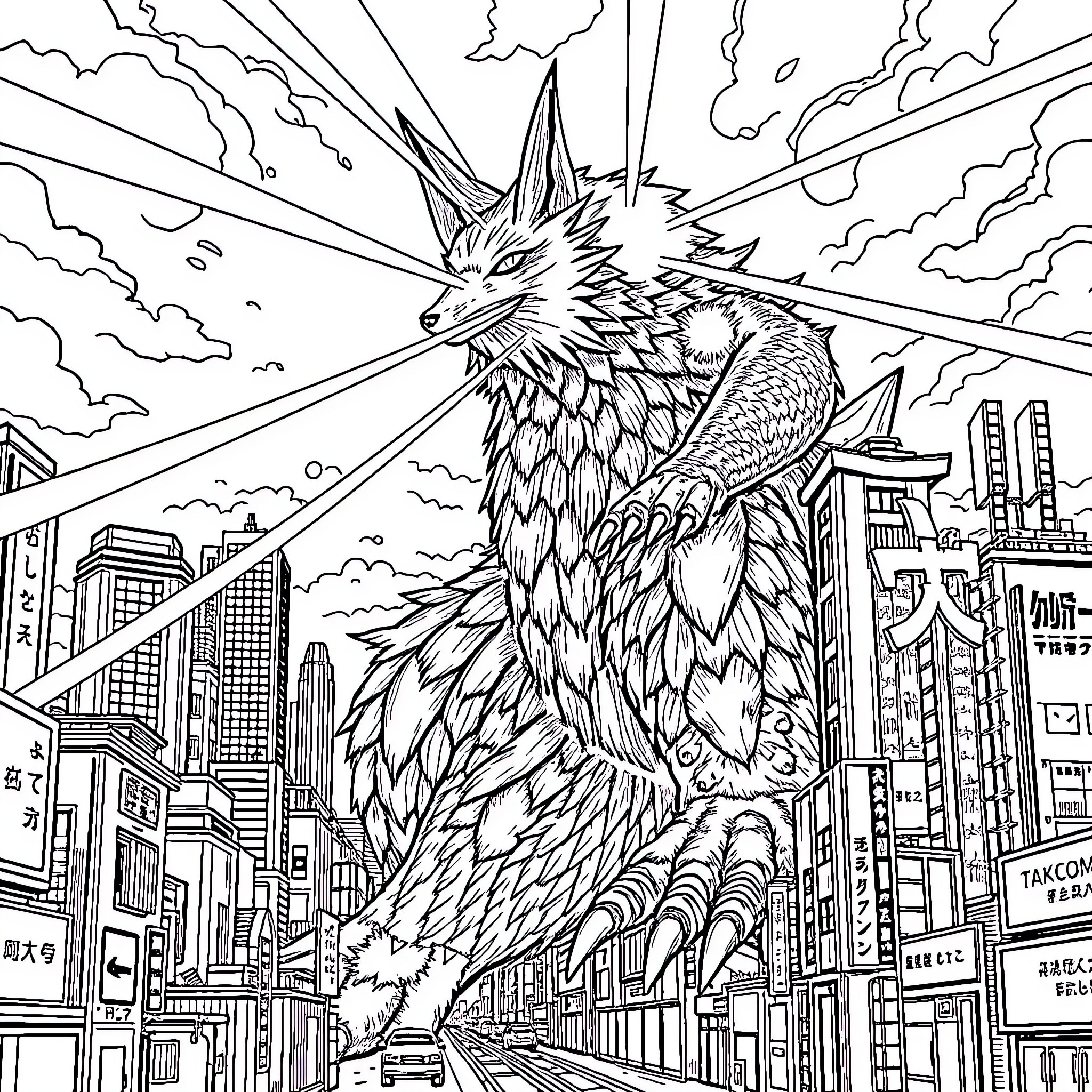 Fox soaring over the city in dramatic scene Coloring Page (free black-and-white line drawing printable PDF for all, from beginners to advanced learners, including children, teens, adults, and seniors)