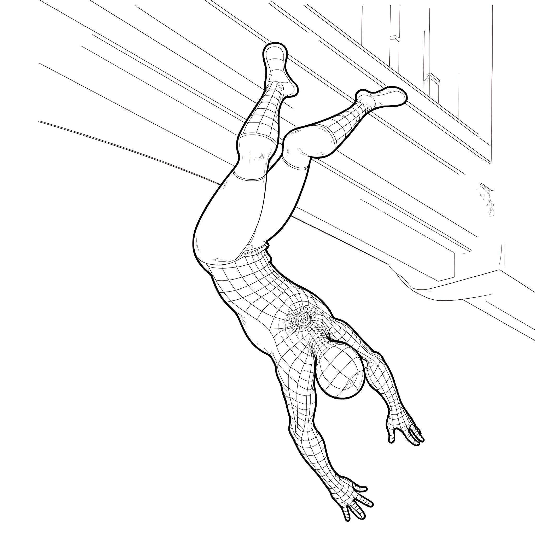 Spiderman swinging through the city Coloring Page (free black-and-white line drawing printable PDF for all, from beginners to advanced learners, including children, teens, adults, and seniors)