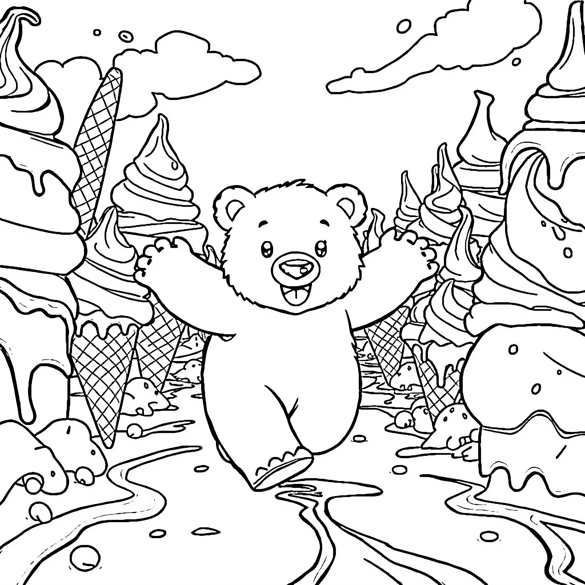 Polar Bear playing in an icy wonderland Coloring Page (free black-and-white line drawing printable PDF for all, from beginners to advanced learners, including children, teens, adults, and seniors)