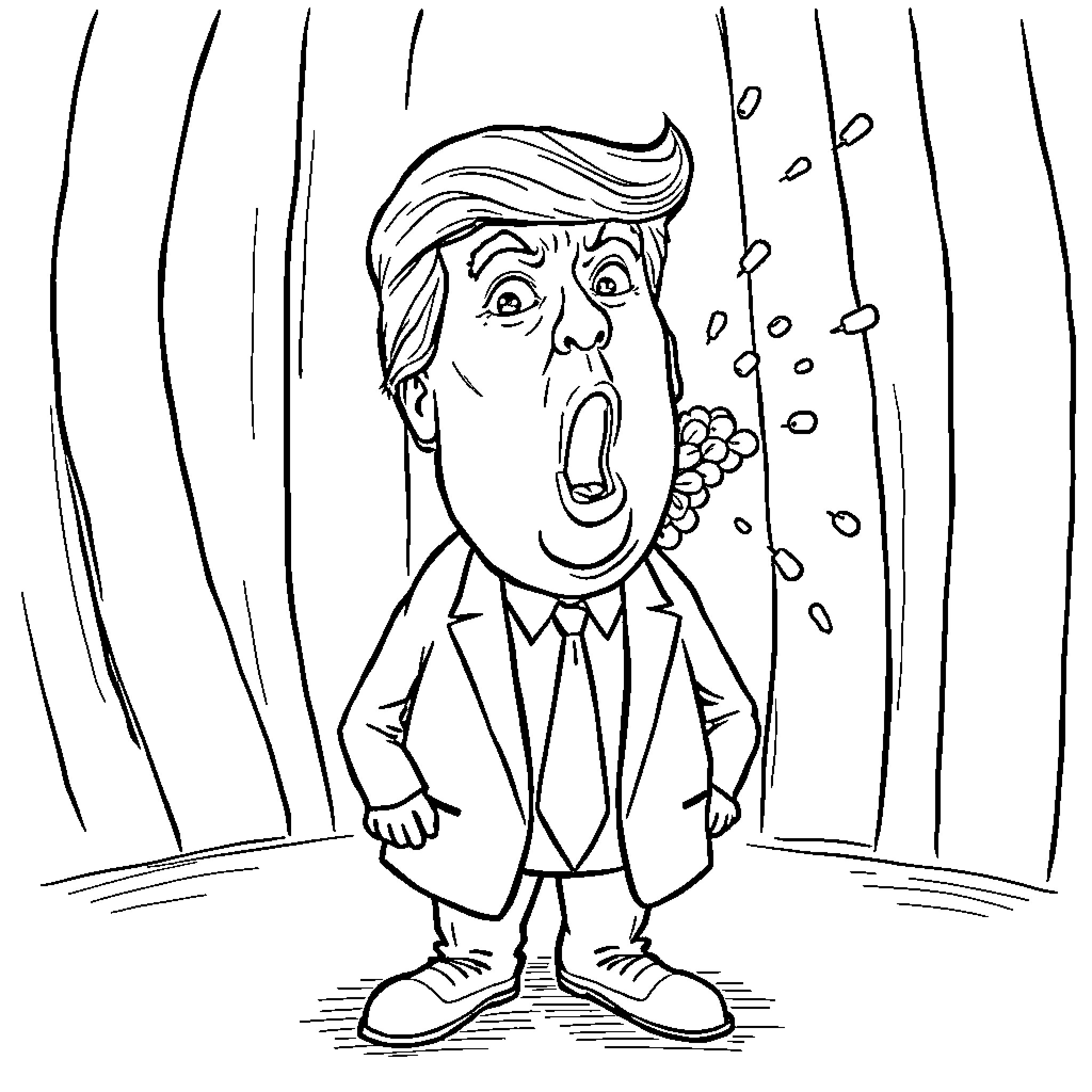 Trump's Distressed Expression in Caricature Coloring Page (free black-and-white line drawing printable PDF for all, from beginners to advanced learners, including children, teens, adults, and seniors)