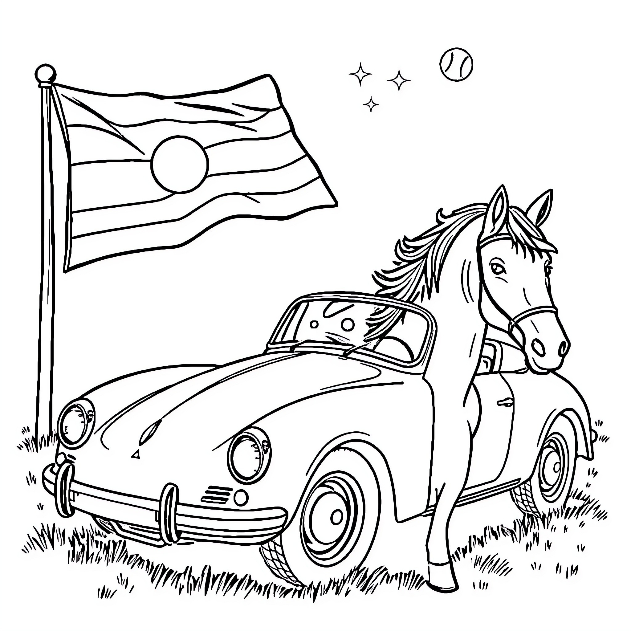 Horse-drawn vintage car by flag on grassy field Coloring Page (free black-and-white line drawing printable PDF for all, from beginners to advanced learners, including children, teens, adults, and seniors)