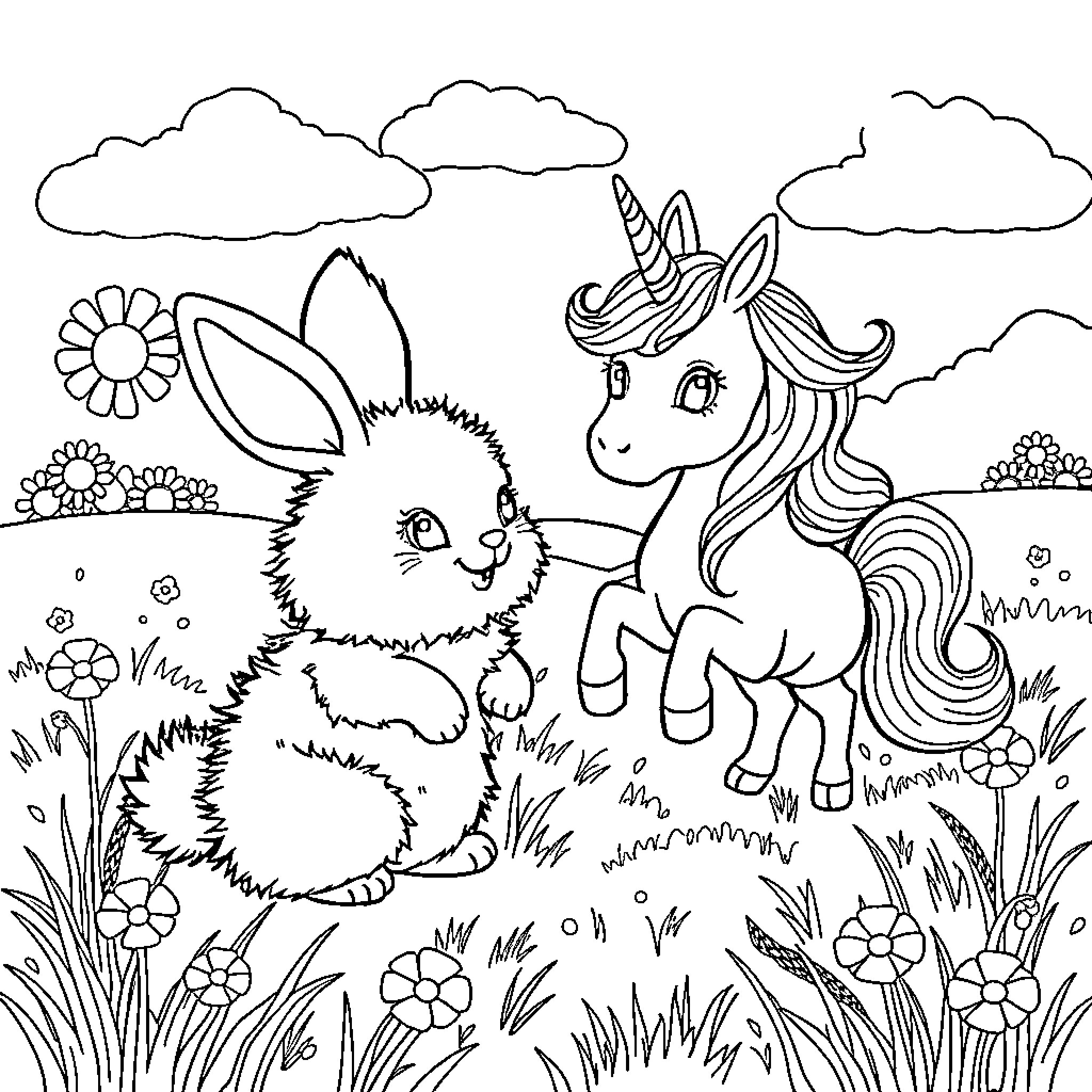 Bunny and Unicorn Playing in Meadow Coloring Page (free black-and-white line drawing printable PDF for all, from beginners to advanced learners, including children, teens, adults, and seniors)