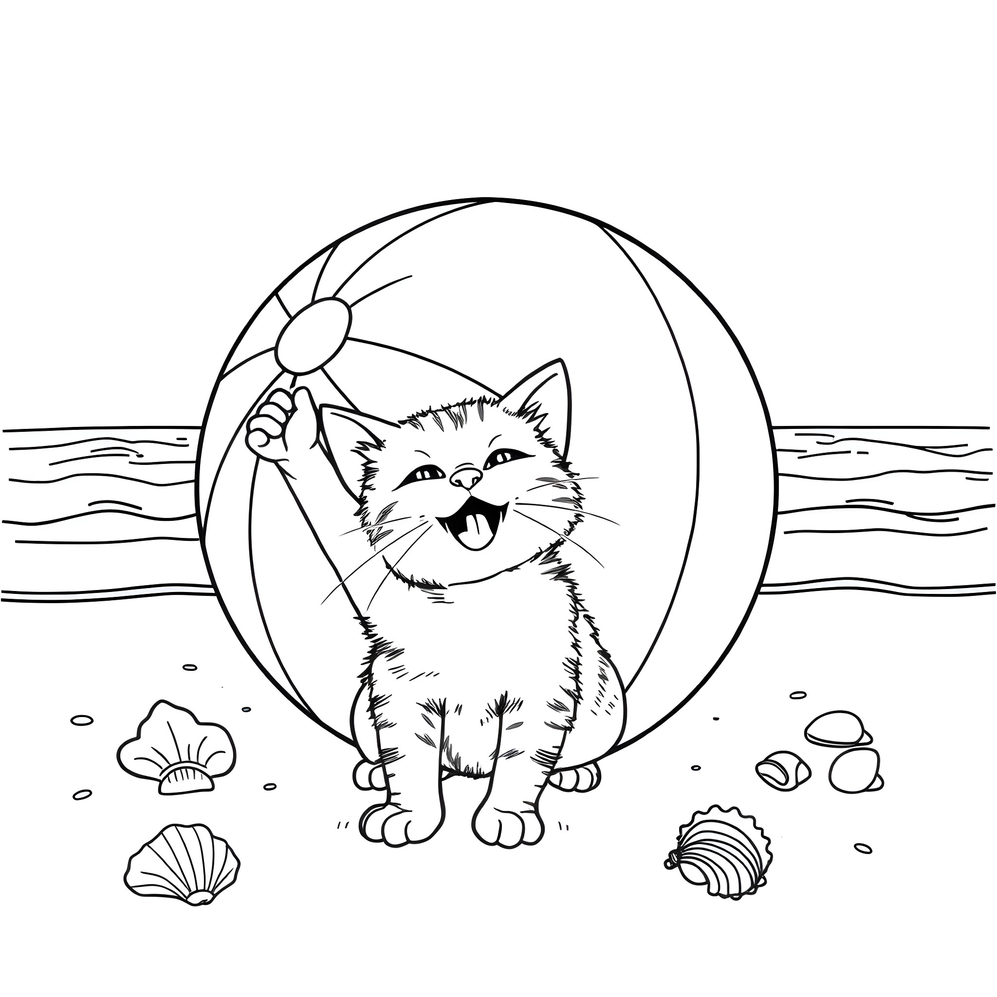 Cat relaxing on the beach with sun Coloring Page (free black-and-white line drawing printable PDF for all, from beginners to advanced learners, including children, teens, adults, and seniors)
