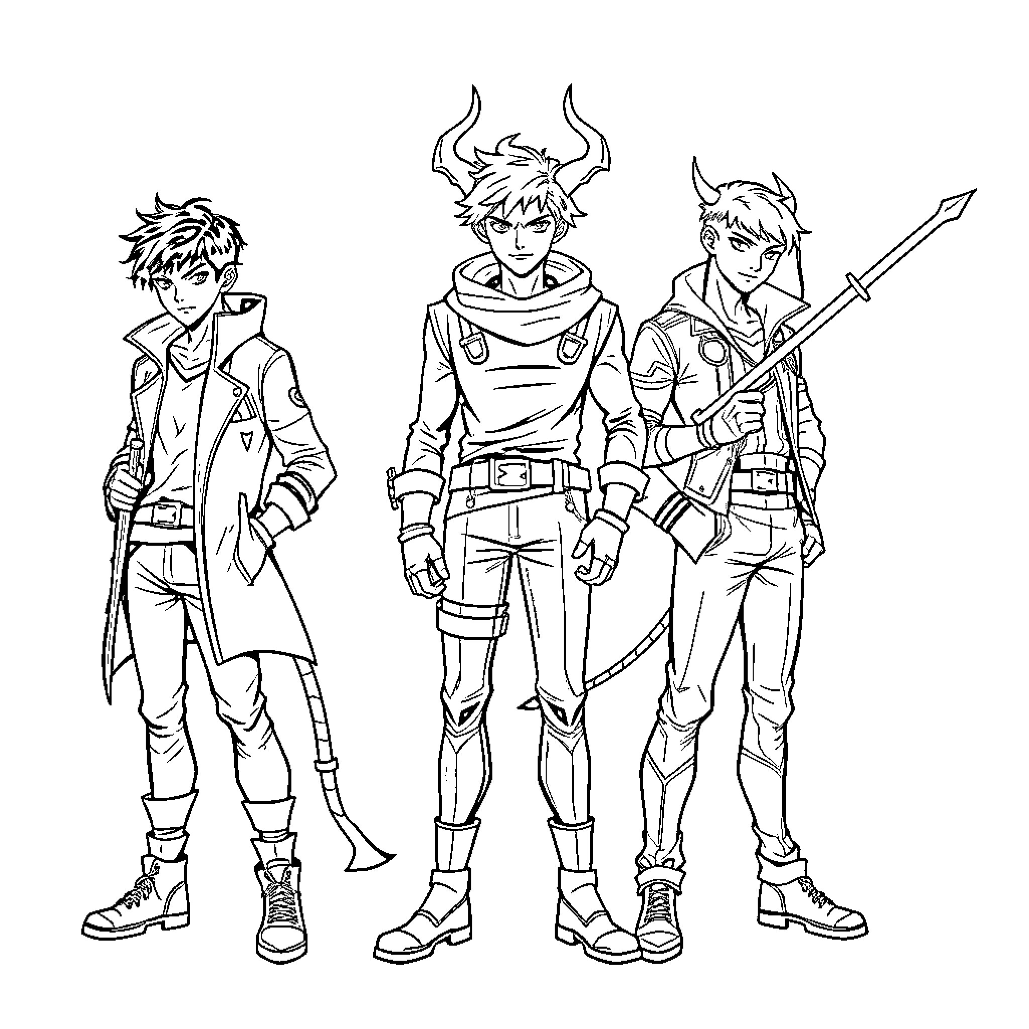 Demon Hunter Trio: Fierce Fighters in Action Coloring Page (free black-and-white line drawing printable PDF for all, from beginners to advanced learners, including children, teens, adults, and seniors)
