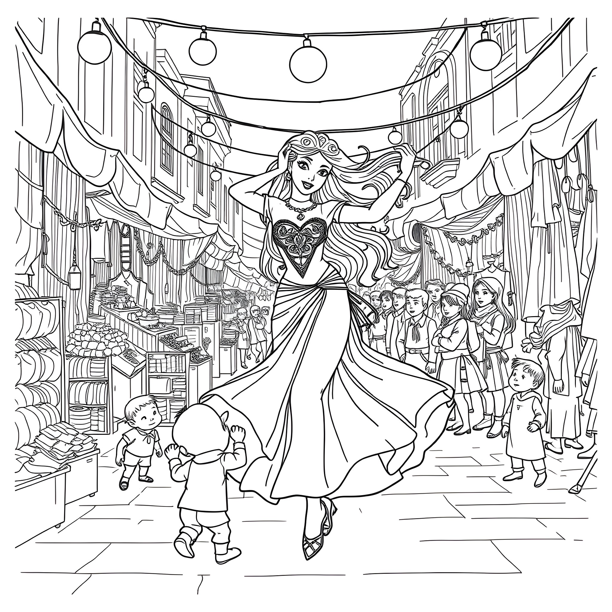 Esmeralda dancing joyfully in the lively carnival street Coloring Page (free black-and-white line drawing printable PDF for all, from beginners to advanced learners, including children, teens, adults, and seniors)