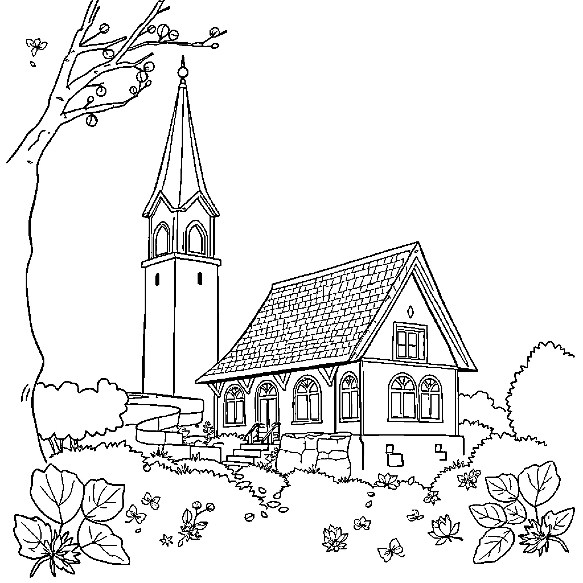 Kempiniukas exploring a picturesque village church Coloring Page (free black-and-white line drawing printable PDF for all, from beginners to advanced learners, including children, teens, adults, and seniors)