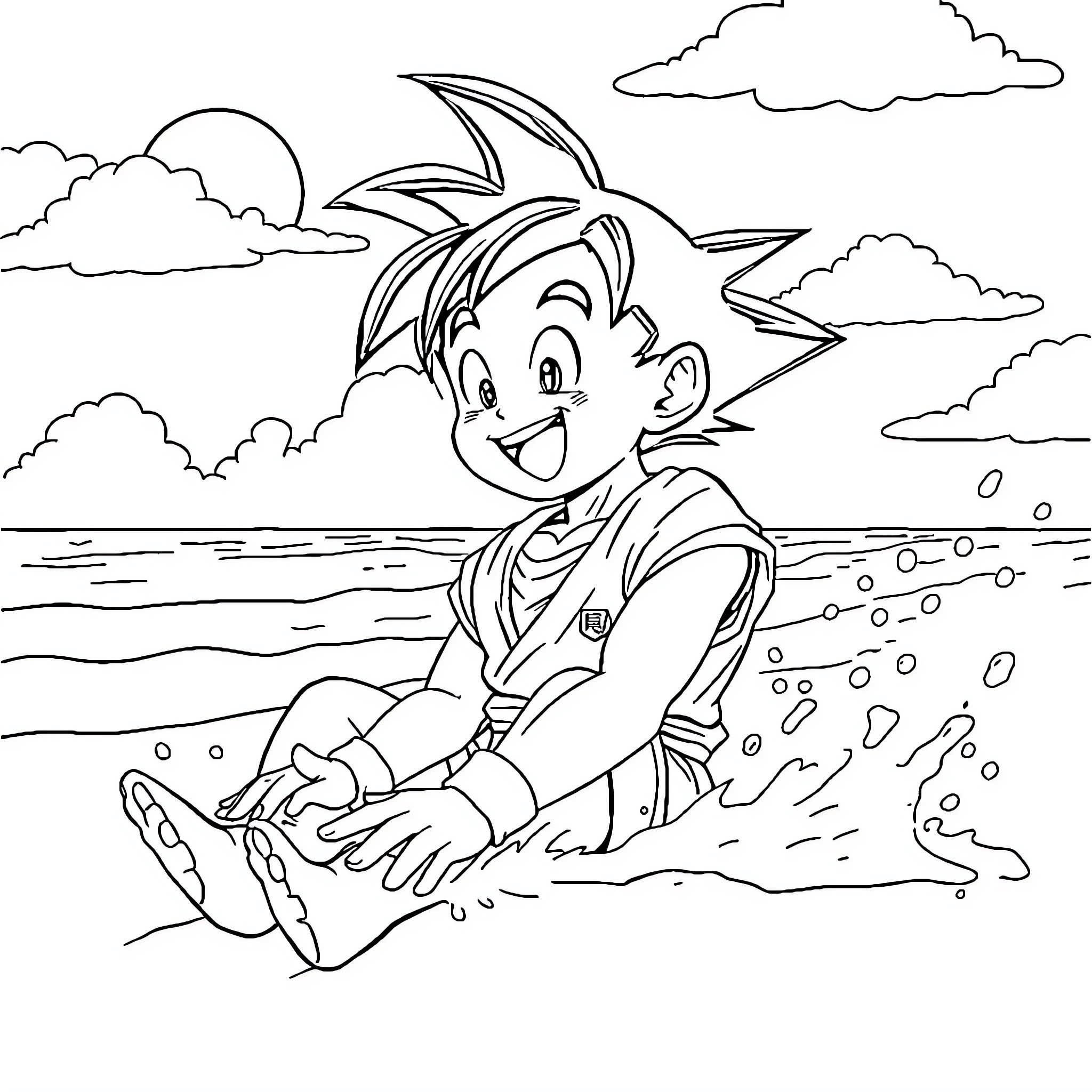 Son Goku playing joyfully in the sea Coloring Page (free black-and-white line drawing printable PDF for all, from beginners to advanced learners, including children, teens, adults, and seniors)