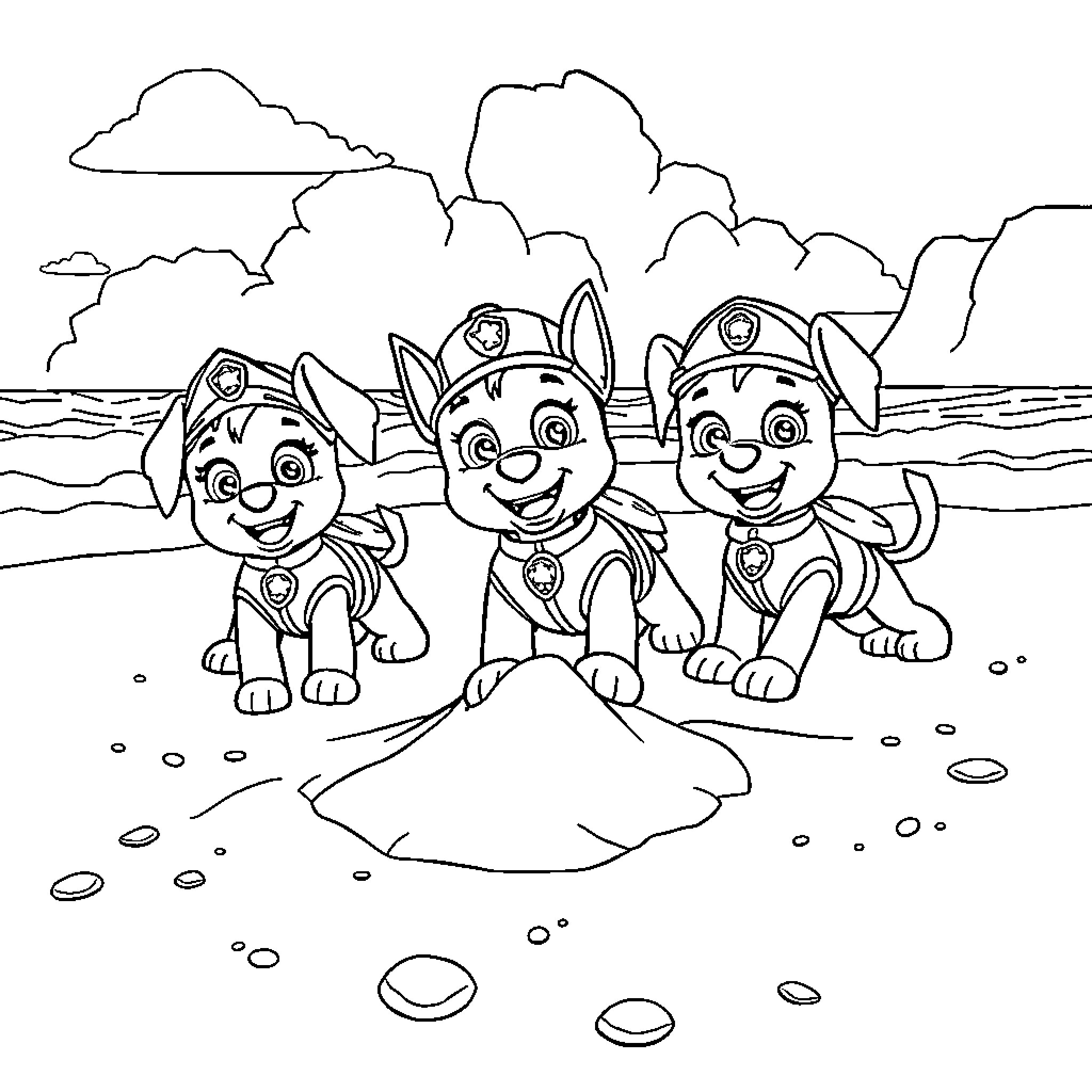 Paw Patrol pups playing on the beach Coloring Page (free black-and-white line drawing printable PDF for all, from beginners to advanced learners, including children, teens, adults, and seniors)