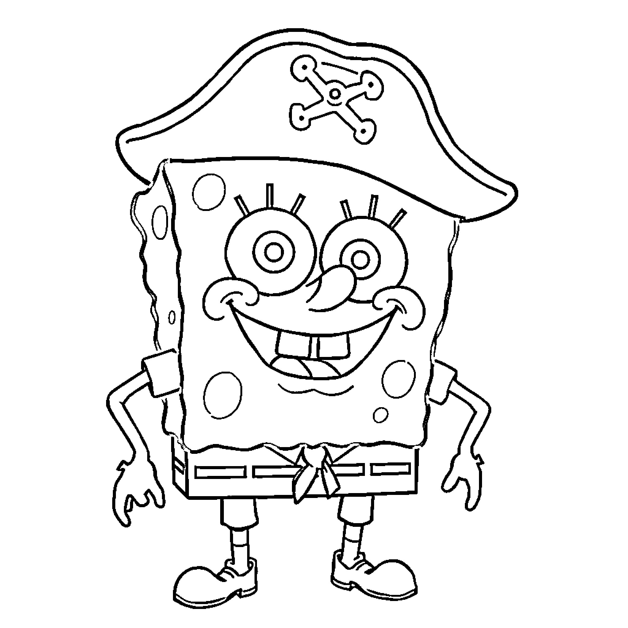 Spongebob the Pirate with a Cheerful Expression Coloring Page (free black-and-white line drawing printable PDF for all, from beginners to advanced learners, including children, teens, adults, and seniors)