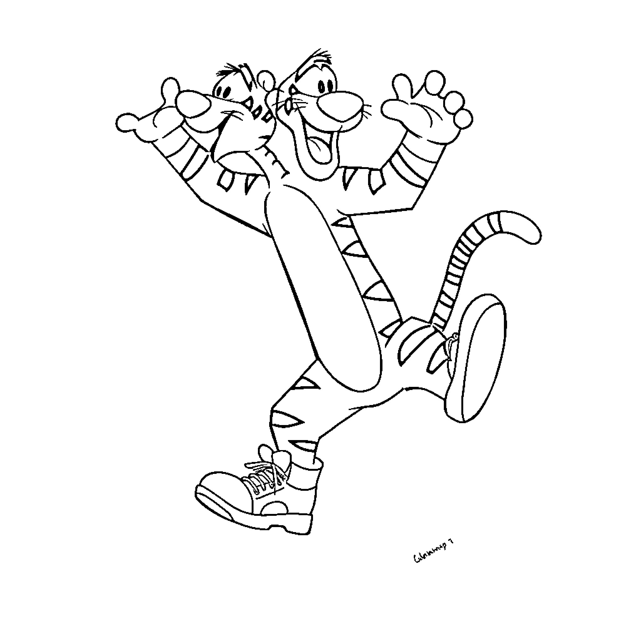 Tigger happily jumping and bouncing around Coloring Page (free black-and-white line drawing printable PDF for all, from beginners to advanced learners, including children, teens, adults, and seniors)