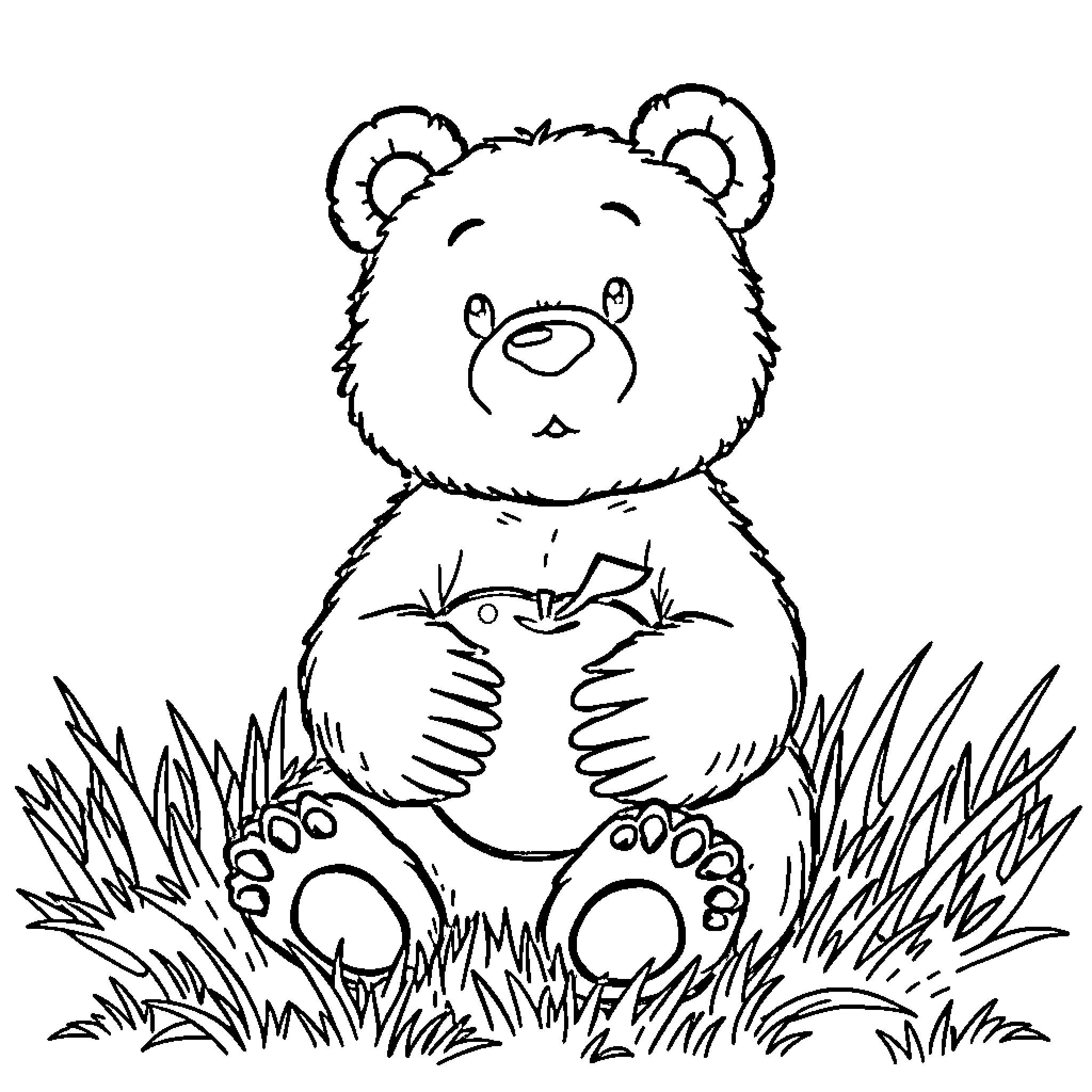 Bear Sitting Happily in Grass Coloring Page (free black-and-white line drawing printable PDF for all, from beginners to advanced learners, including children, teens, adults, and seniors)