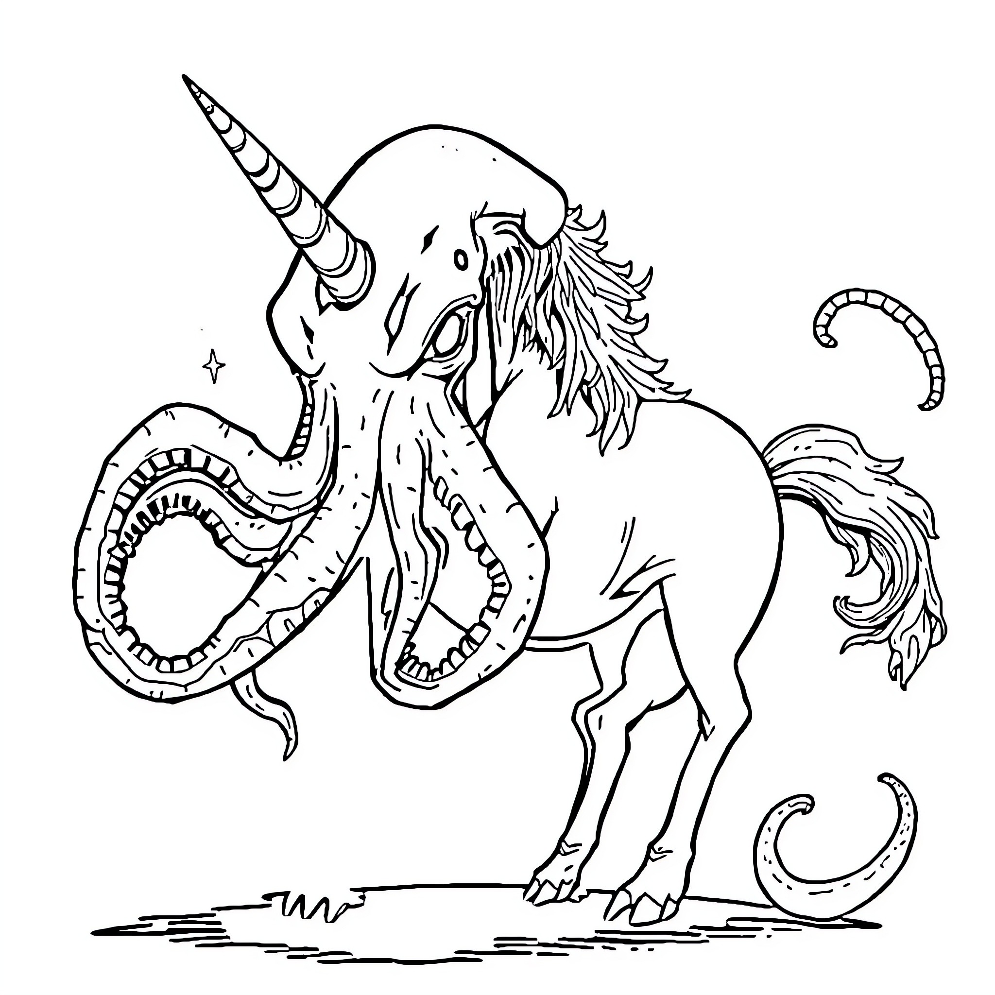 Cthulhu's Mystical Unicorn Creature Coloring Page (free black-and-white line drawing printable PDF for all, from beginners to advanced learners, including children, teens, adults, and seniors)