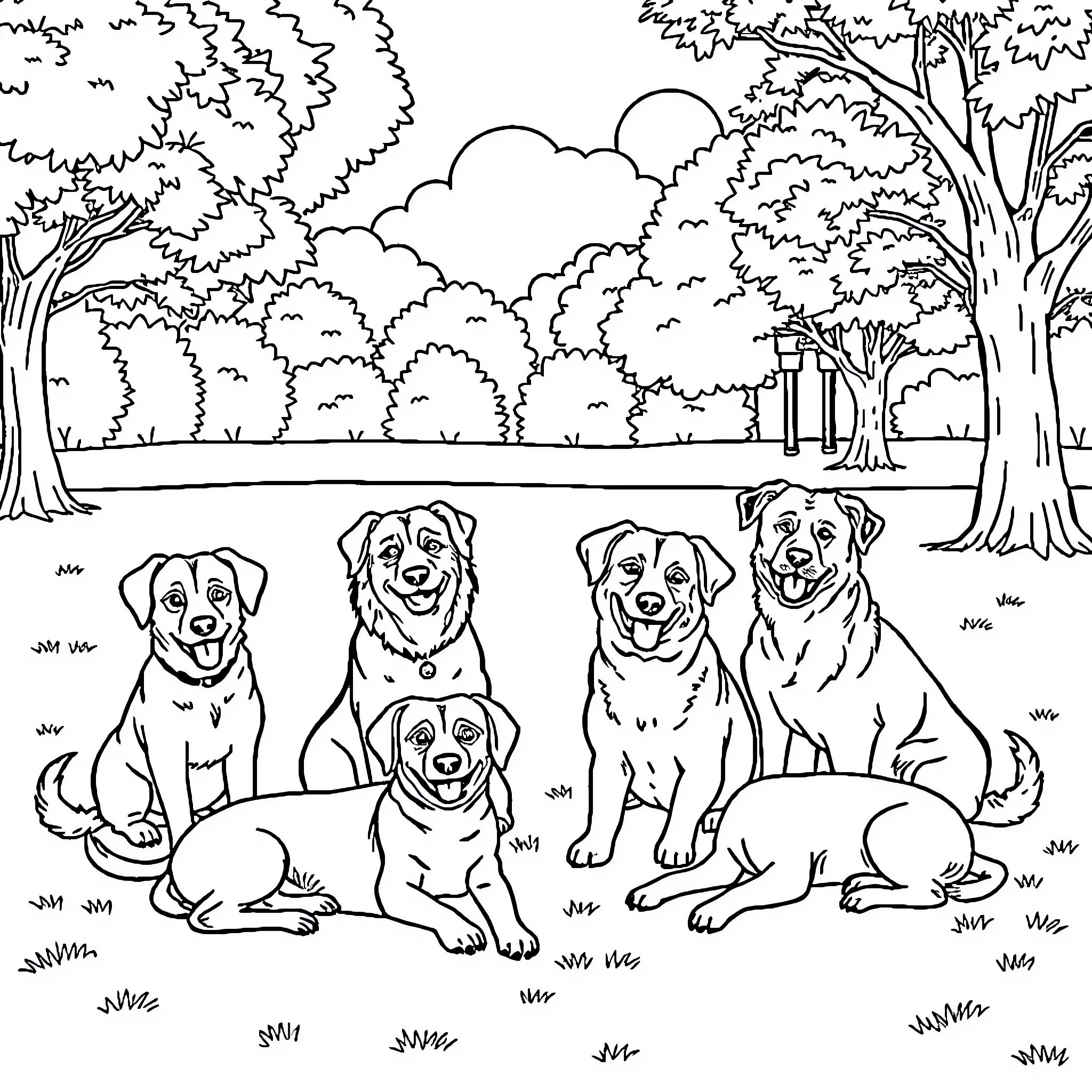 Dog friends playing together in the park Coloring Page (free black-and-white line drawing printable PDF for all, from beginners to advanced learners, including children, teens, adults, and seniors)