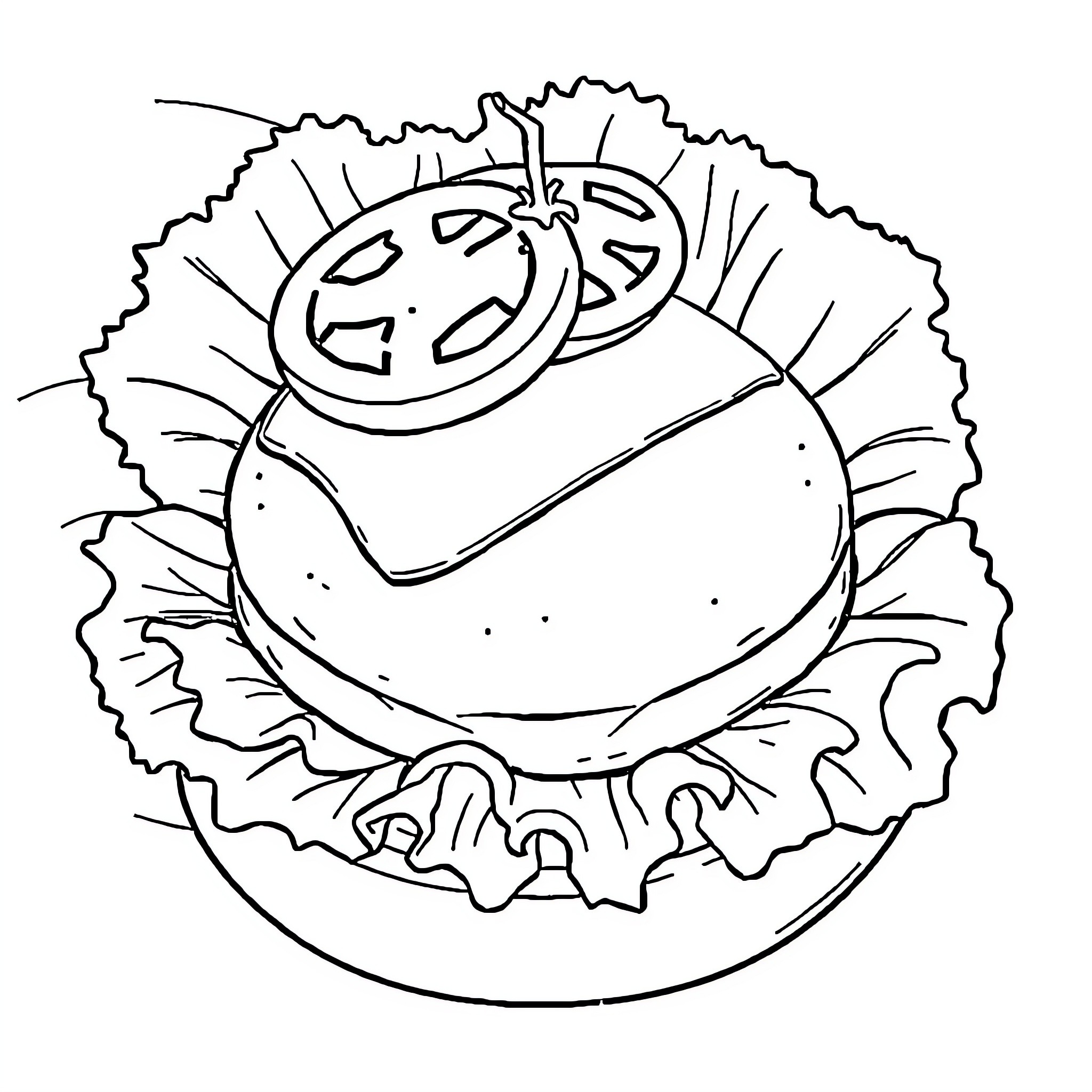 Hamburger with amusing face Coloring Page (free black-and-white line drawing printable PDF for all, from beginners to advanced learners, including children, teens, adults, and seniors)
