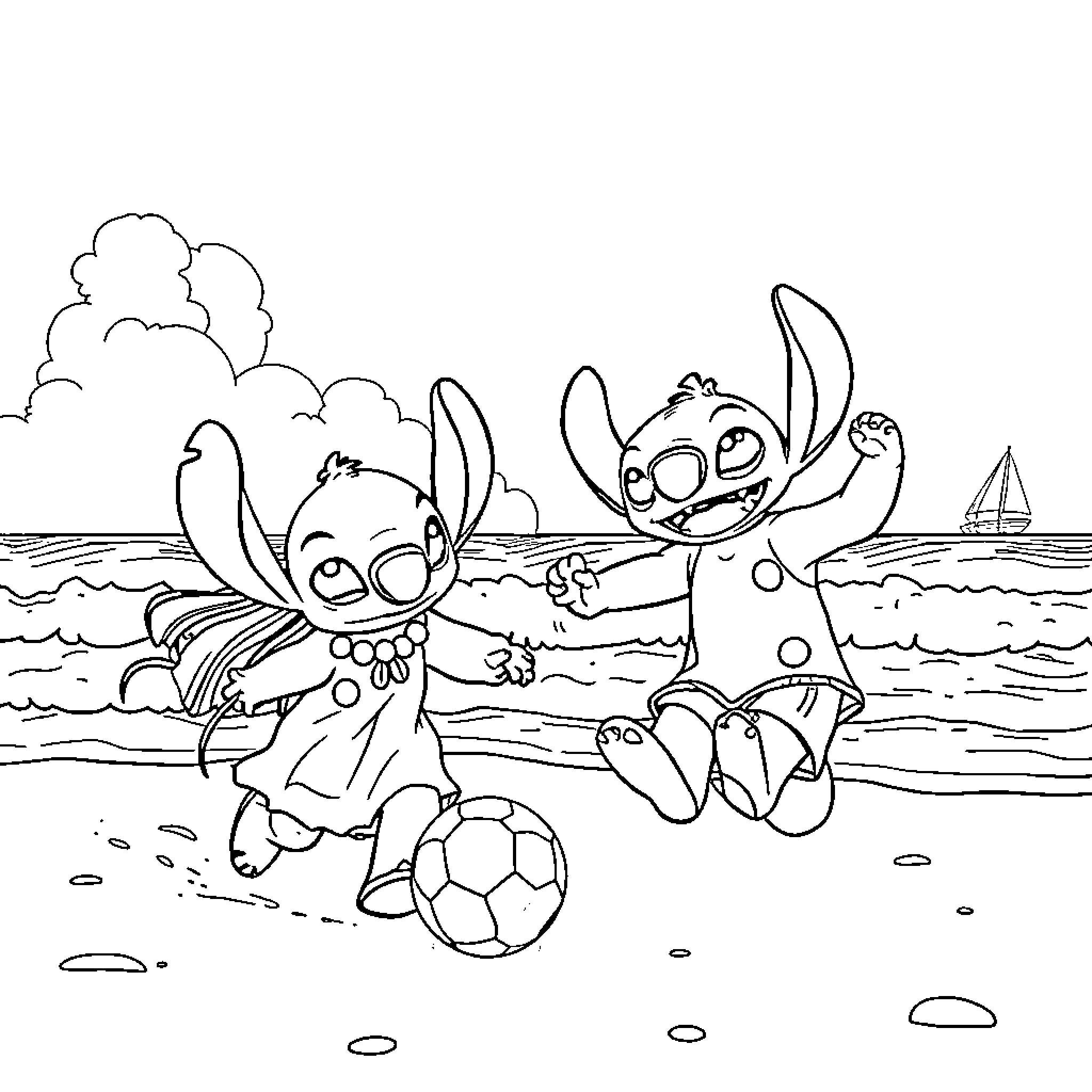Lilo And Stitch Playing on the Beach Coloring Page (free black-and-white line drawing printable PDF for all, from beginners to advanced learners, including children, teens, adults, and seniors)