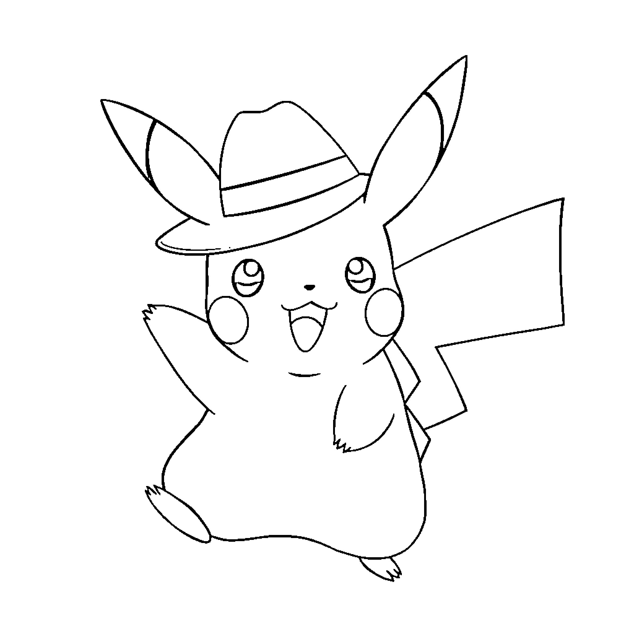 Pikachu wearing a hat and expressing happiness Coloring Page (free black-and-white line drawing printable PDF for all, from beginners to advanced learners, including children, teens, adults, and seniors)
