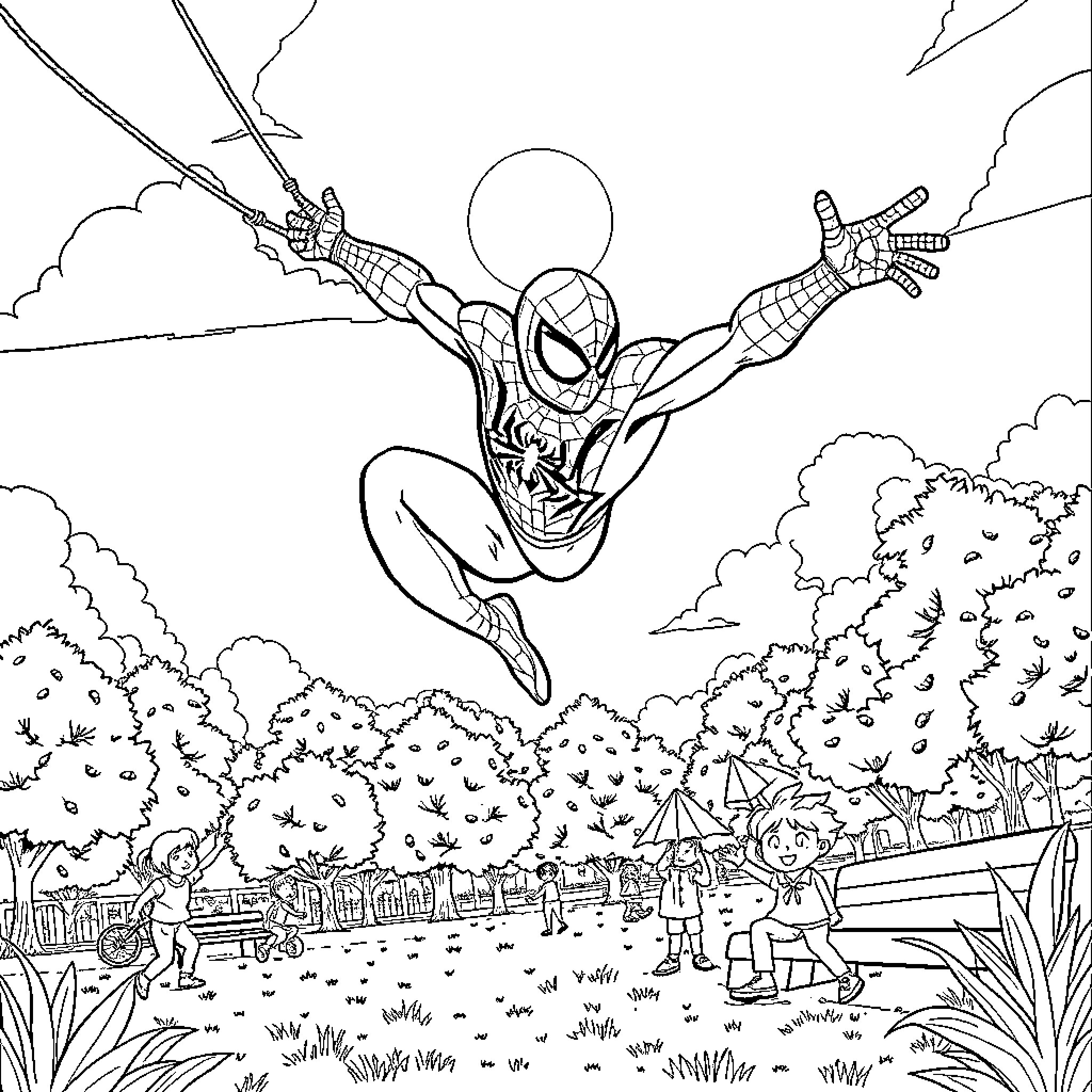 Spiderman swinging through the air above a neighborhood Coloring Page (free black-and-white line drawing printable PDF for all, from beginners to advanced learners, including children, teens, adults, and seniors)