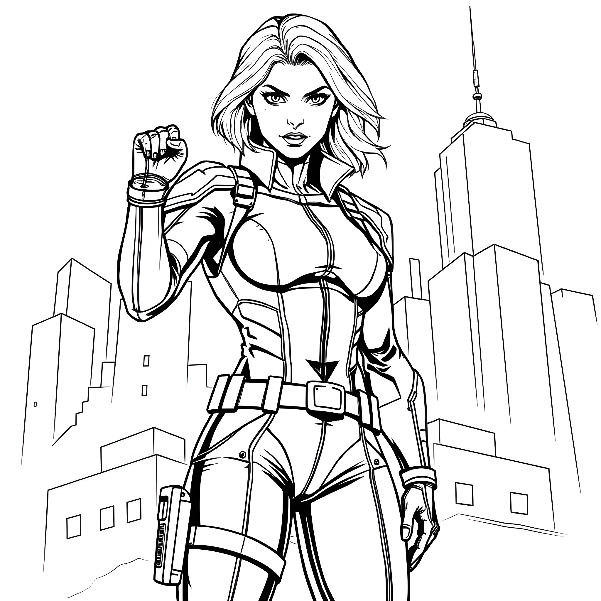 Yelena Belova in action against city skyline Coloring Page (free black-and-white line drawing printable PDF for all, from beginners to advanced learners, including children, teens, adults, and seniors)