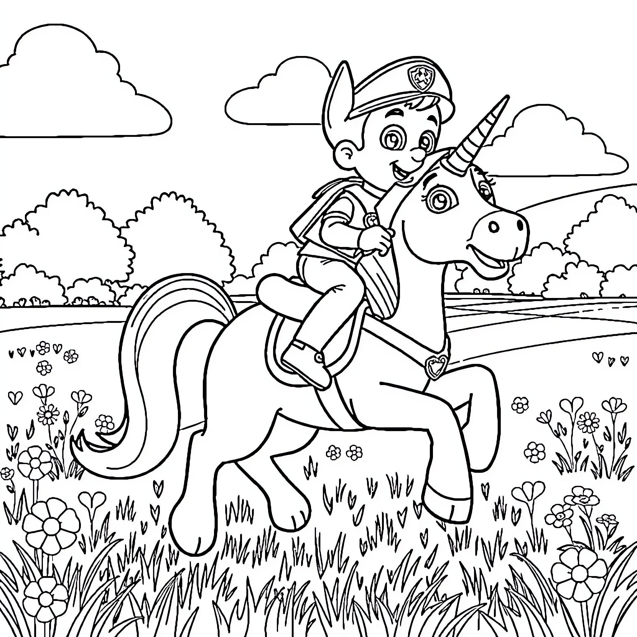 Chase through the Countryside on a Pony Coloring Page (free black-and-white line drawing printable PDF for all, from beginners to advanced learners, including children, teens, adults, and seniors)