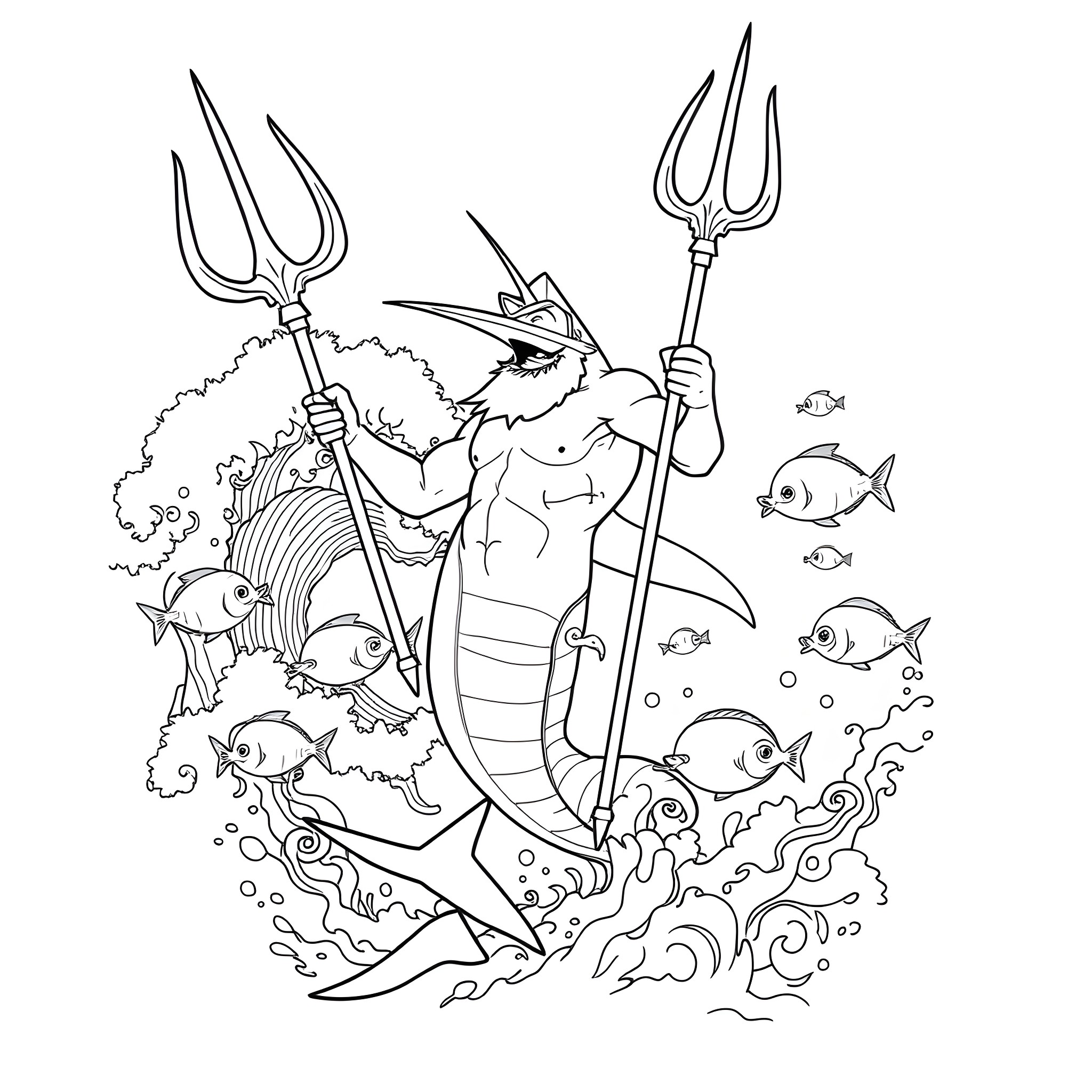 Marlin Manroe's Underwater Adventure with Mythical Creatures Coloring Page (free black-and-white line drawing printable PDF for all, from beginners to advanced learners, including children, teens, adults, and seniors)