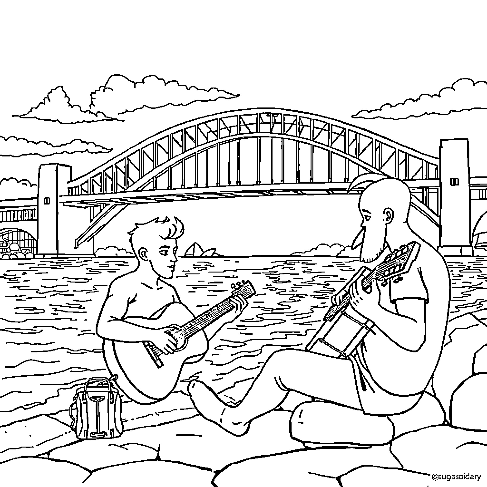 Aquaman playing guitar with sea creature friend by harbor Coloring Page (free black-and-white line drawing printable PDF for all, from beginners to advanced learners, including children, teens, adults, and seniors)