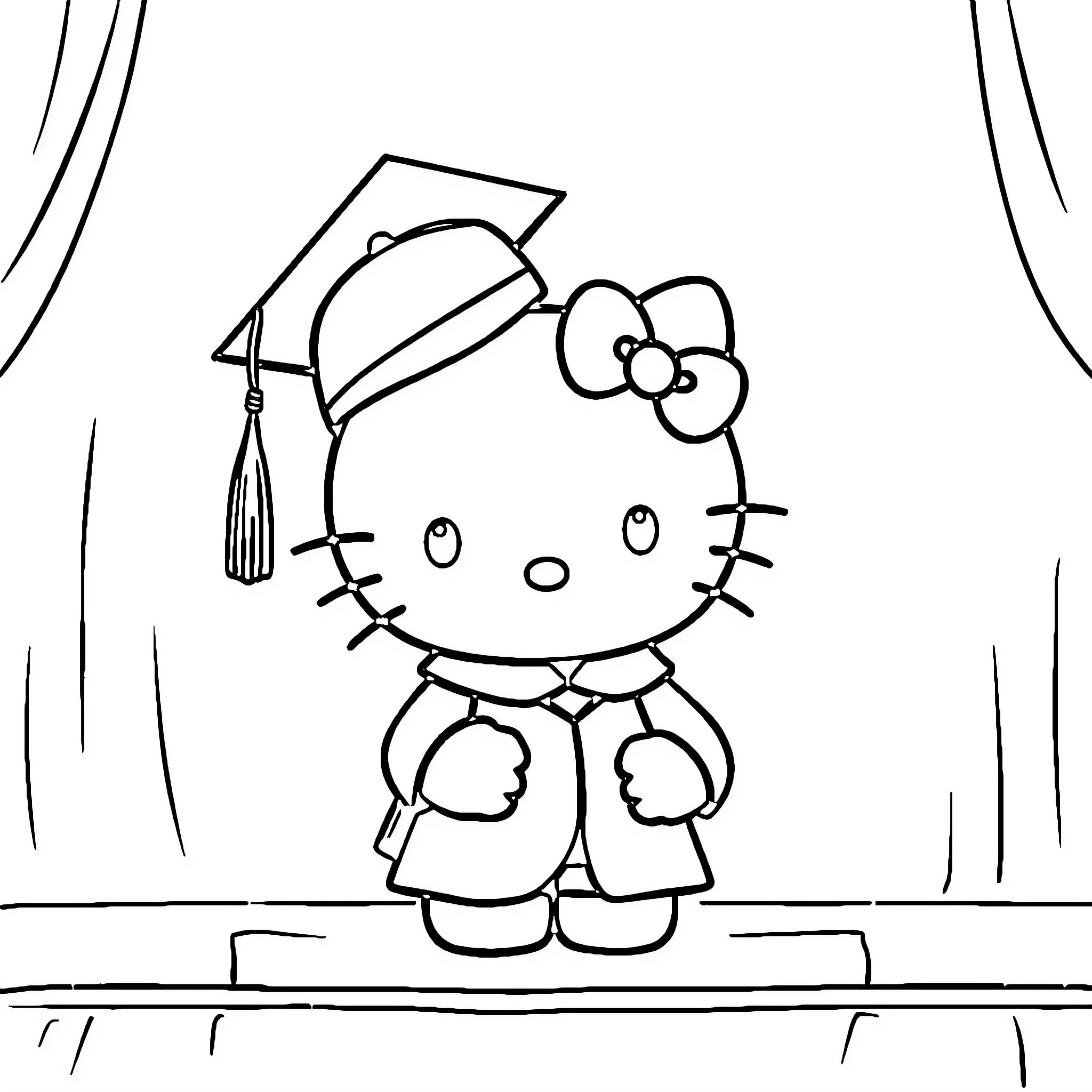 Hello Kitty Graduates with Honors Coloring Page (free black-and-white line drawing printable PDF for all, from beginners to advanced learners, including children, teens, adults, and seniors)
