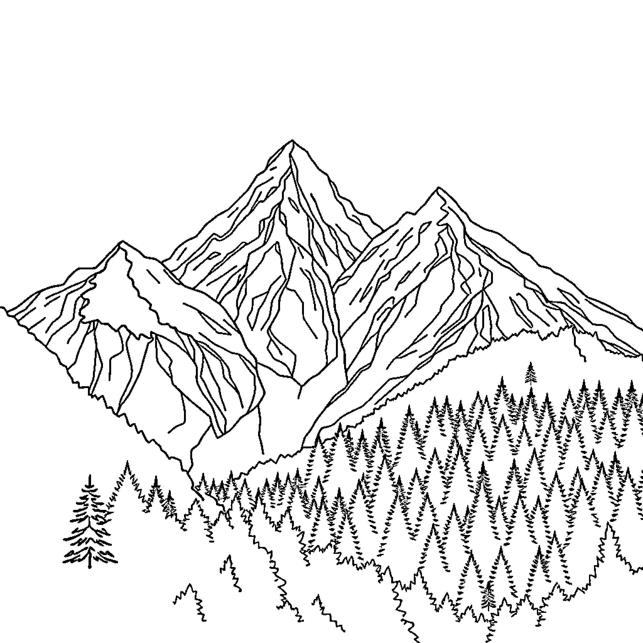 Mountain landscape with rugged peaks and coniferous forest Coloring Page (free black-and-white line drawing printable PDF for all, from beginners to advanced learners, including children, teens, adults, and seniors)
